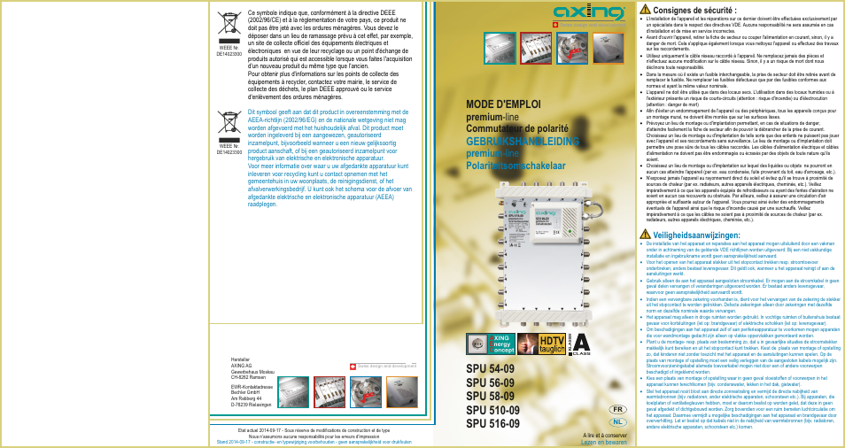 Seite 3, Mode d'emploi, Gebruikshandleiding | Premium -line commutateur de polarité, Premium -line polariteitsomschakelaar, Consignes de sécurité, Veiligheidsaanwijzingen | AXING SPU-5x-09 User Manual | Page 3 / 4