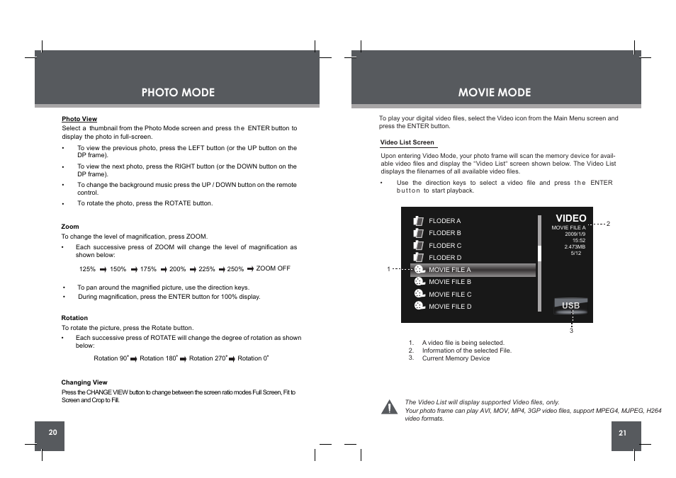 Photo mode, Movie mode, Video | COBY DP860 User Manual | Page 11 / 18