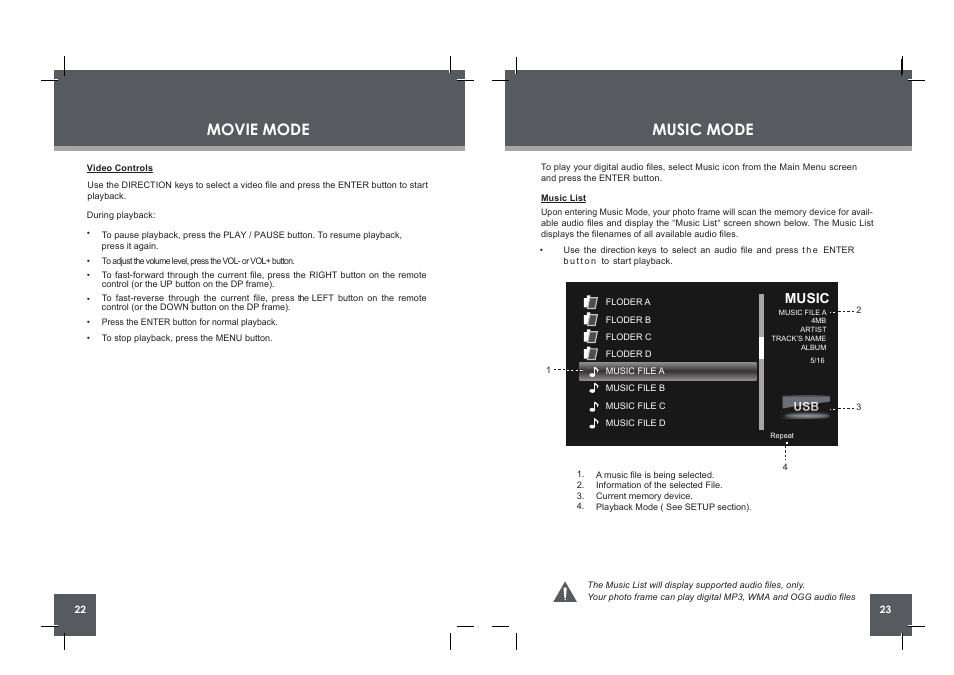 Music mode, Movie mode, Music | COBY DP860 User Manual | Page 12 / 18