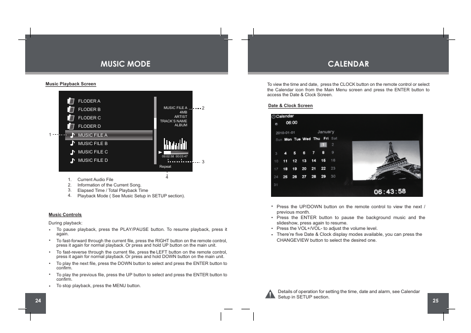 Calendar music mode | COBY DP860 User Manual | Page 13 / 18
