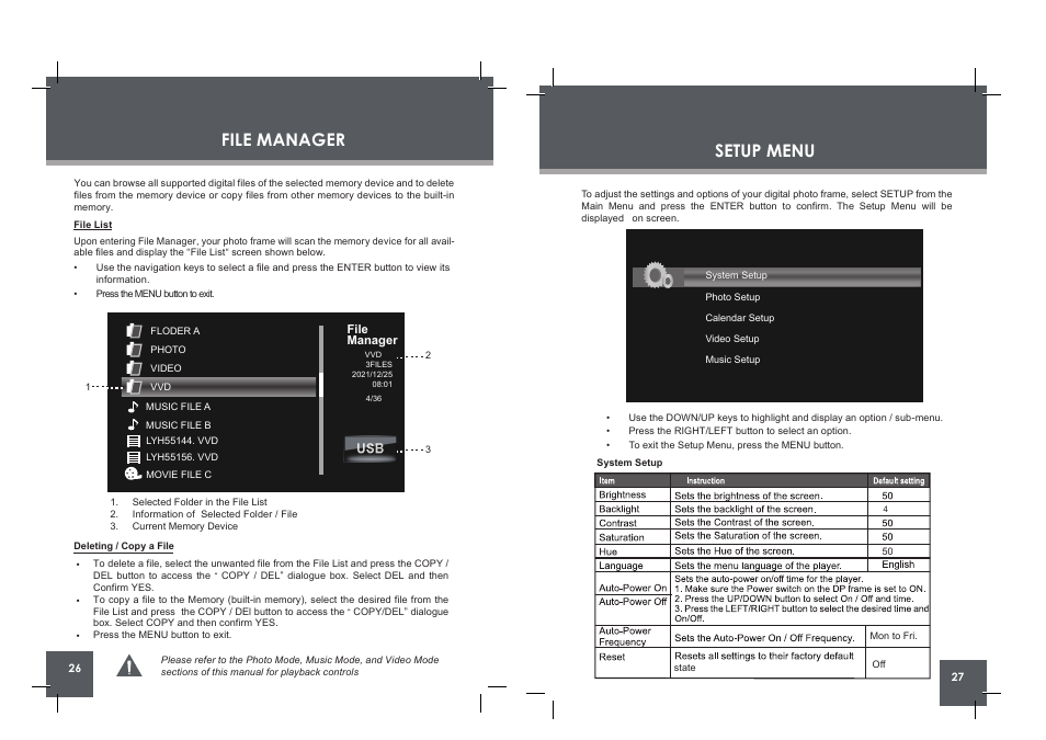 File manager, Setup menu | COBY DP860 User Manual | Page 14 / 18