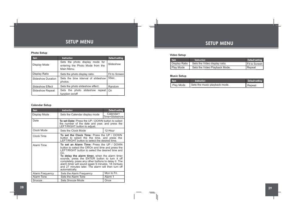 Setup menu | COBY DP860 User Manual | Page 15 / 18