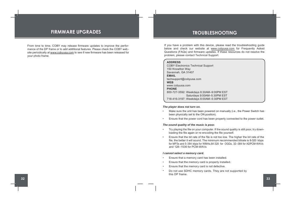 Firmware upgrades troubleshooting | COBY DP860 User Manual | Page 17 / 18