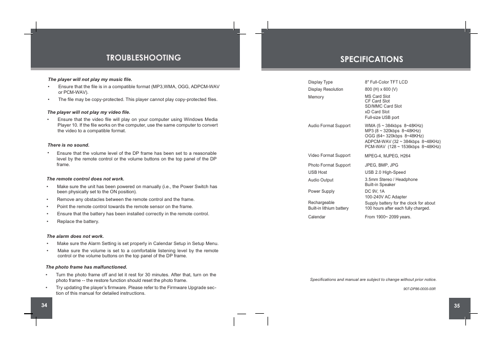 Specifications, Troubleshooting | COBY DP860 User Manual | Page 18 / 18