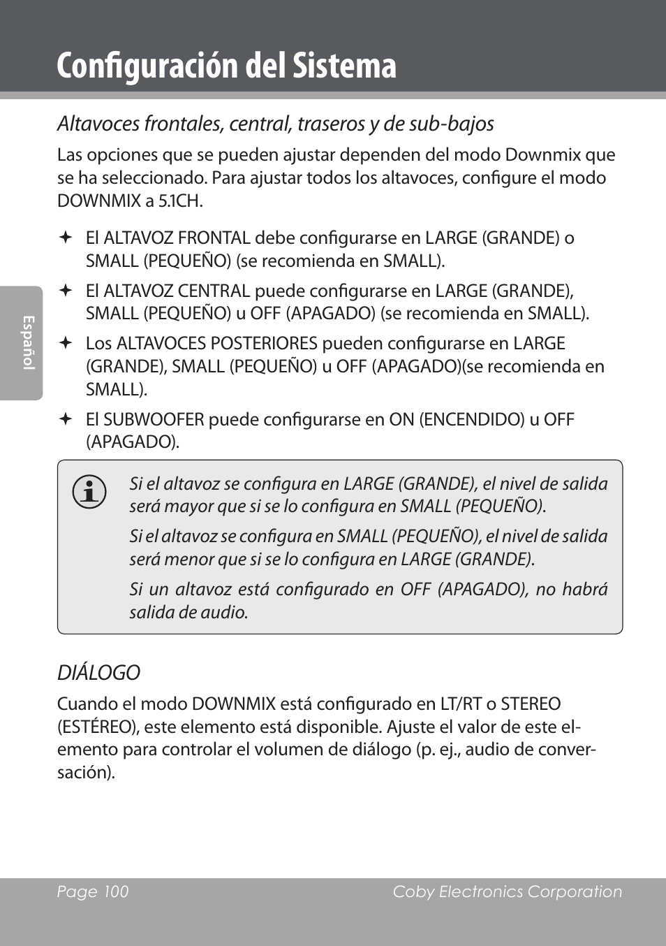 Configuración del sistema, Diálogo | COBY DVD978 User Manual | Page 100 / 190