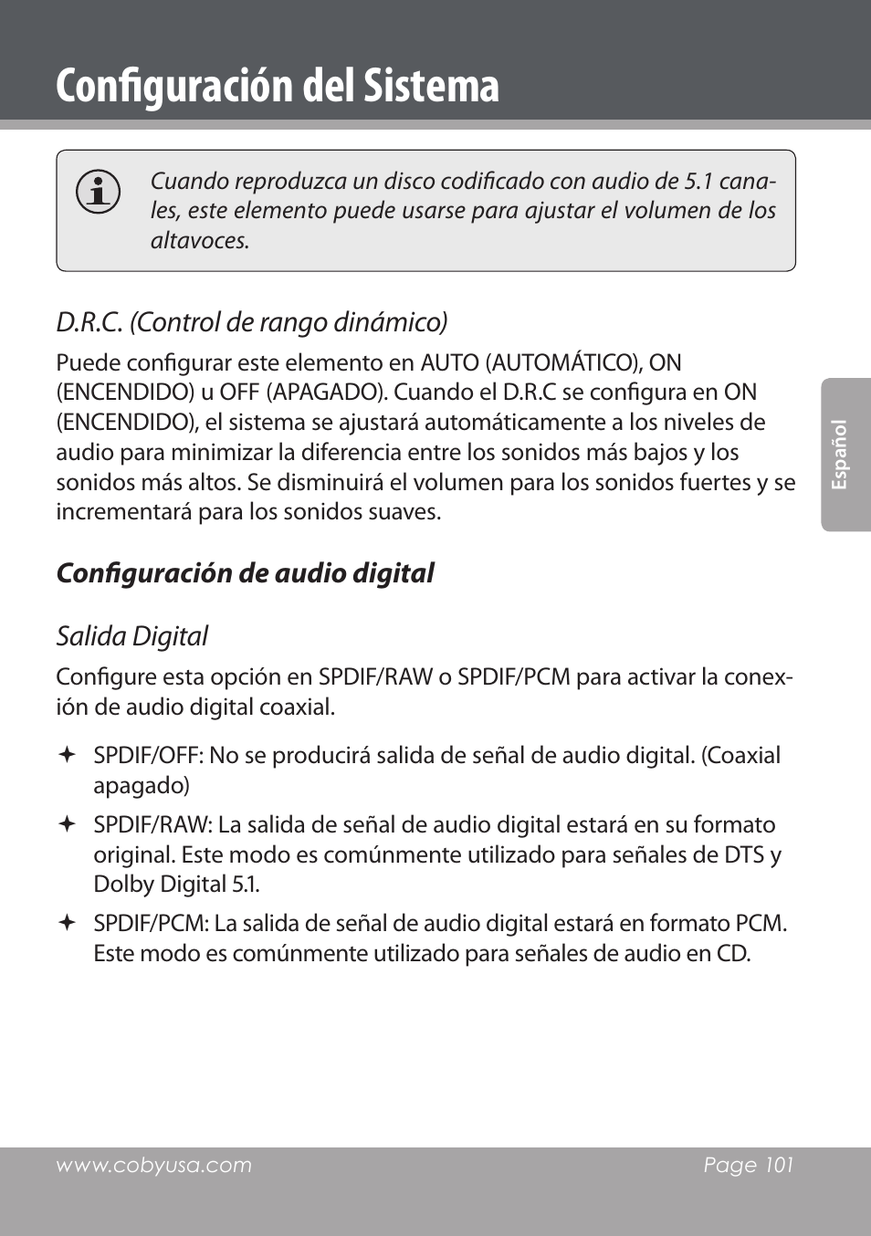 Configuración del sistema, D.r.c. (control de rango dinámico), Configuración de audio digital salida digital | COBY DVD978 User Manual | Page 101 / 190