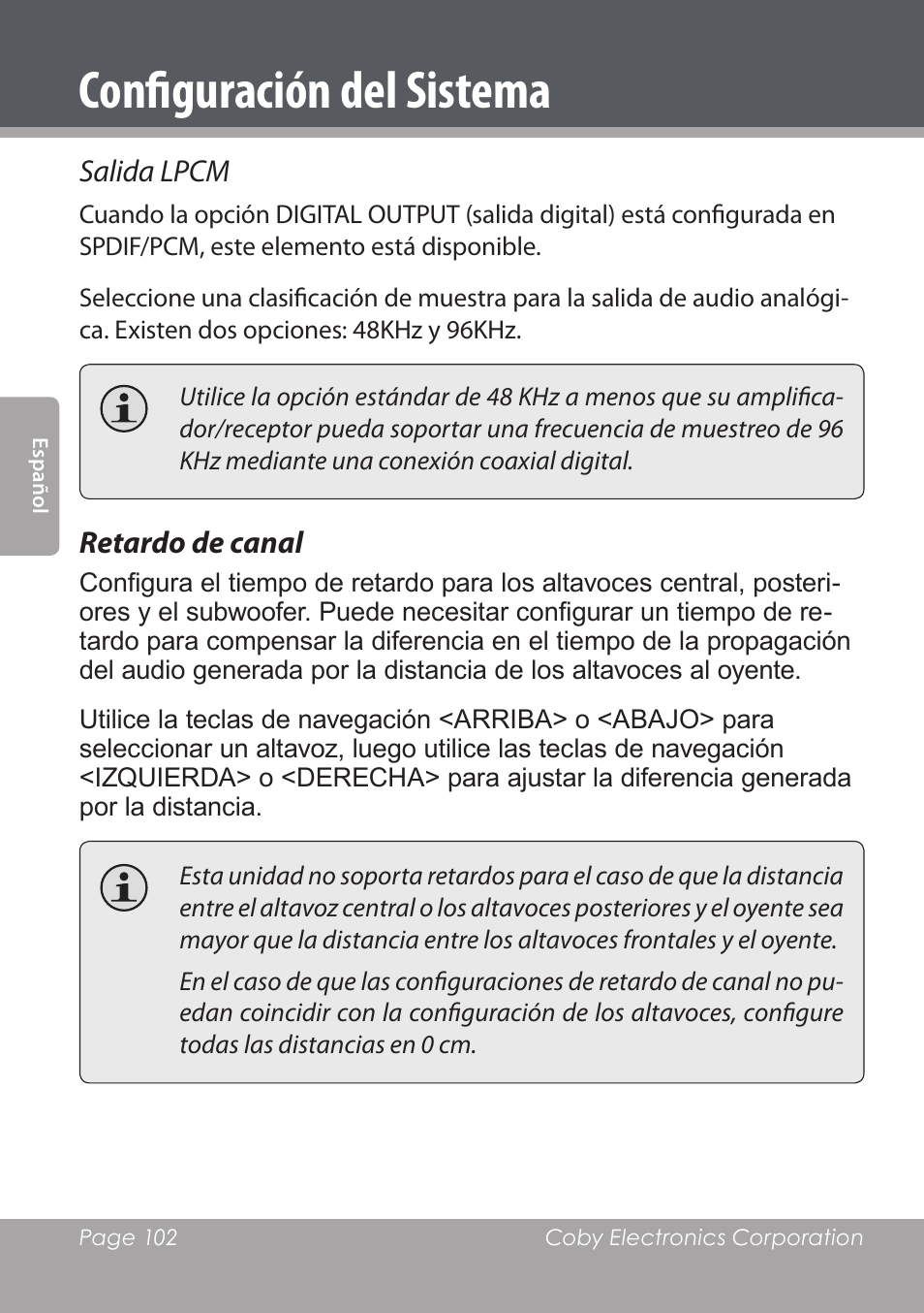 Configuración del sistema, Salida lpcm, Retardo de canal | COBY DVD978 User Manual | Page 102 / 190