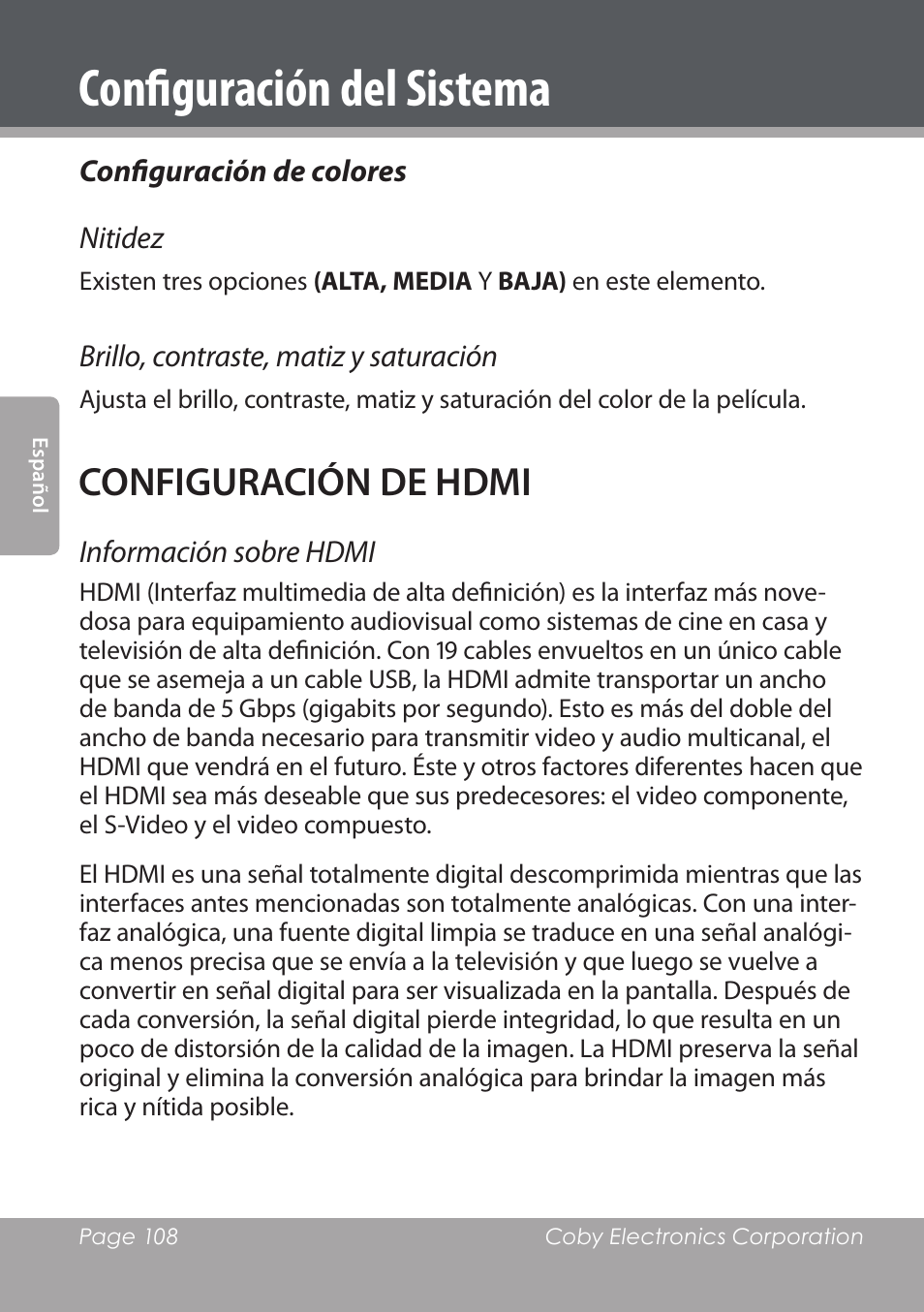 Configuración del sistema, Configuración de hdmi | COBY DVD978 User Manual | Page 108 / 190