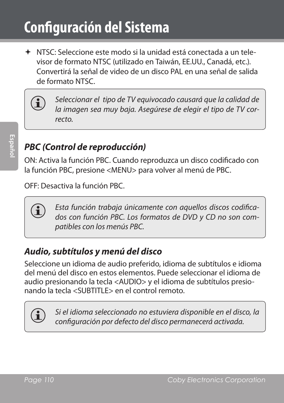 Configuración del sistema, Pbc (control de reproducción), Audio, subtítulos y menú del disco | COBY DVD978 User Manual | Page 110 / 190