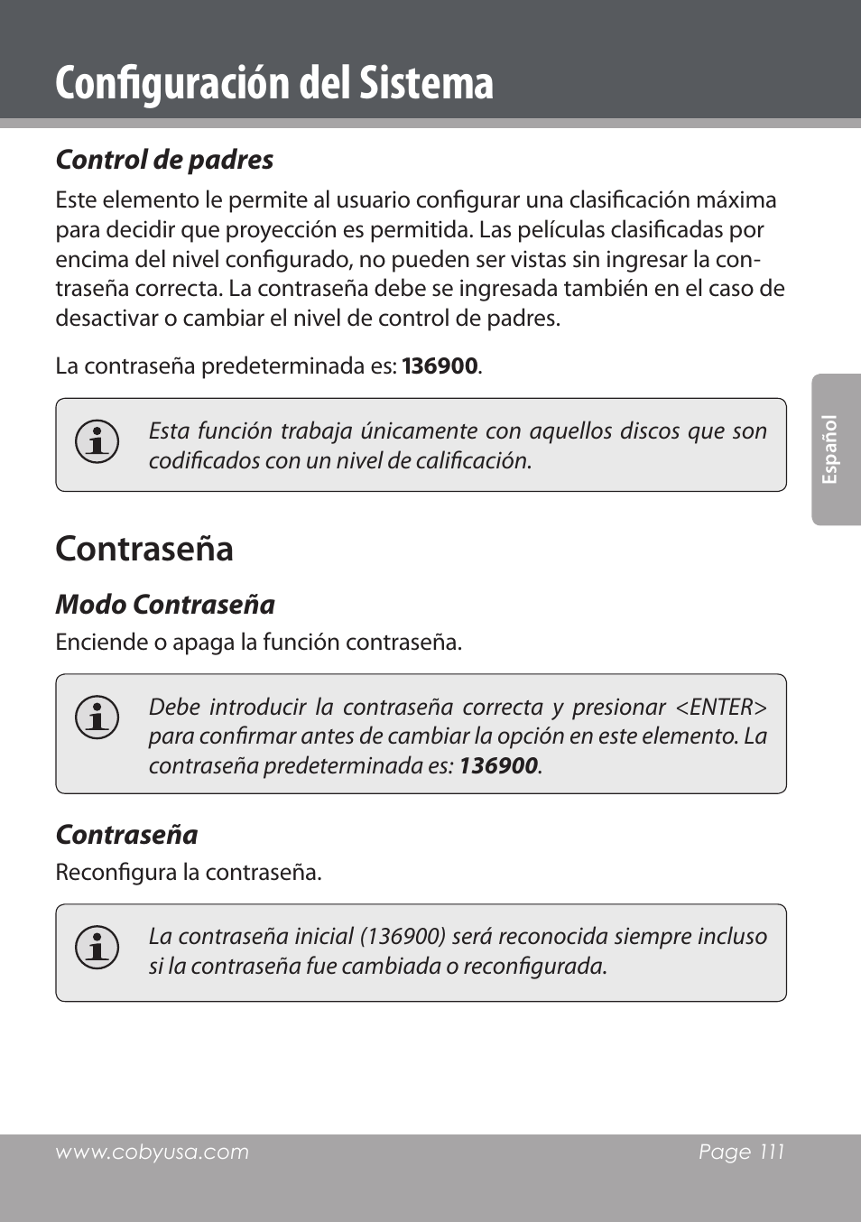 Configuración del sistema, Contraseña | COBY DVD978 User Manual | Page 111 / 190