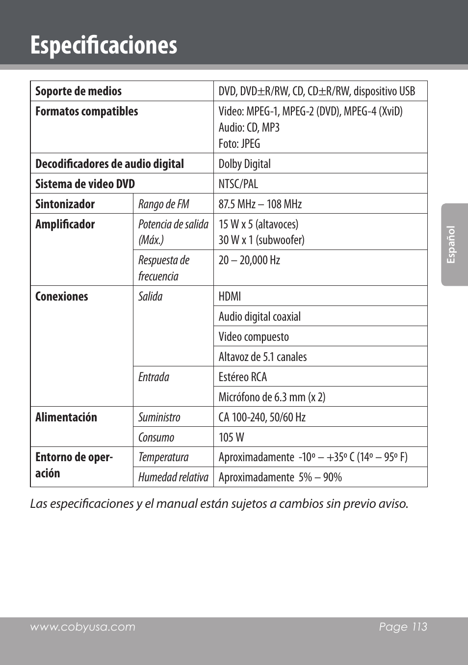 Especificaciones | COBY DVD978 User Manual | Page 113 / 190