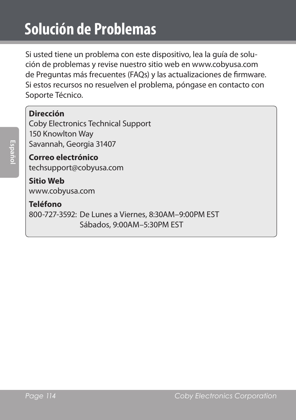 Solución de problemas | COBY DVD978 User Manual | Page 114 / 190