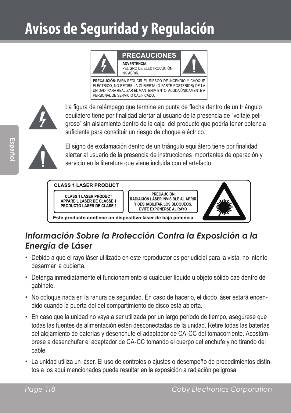 Avisos de seguridad y regulación | COBY DVD978 User Manual | Page 118 / 190