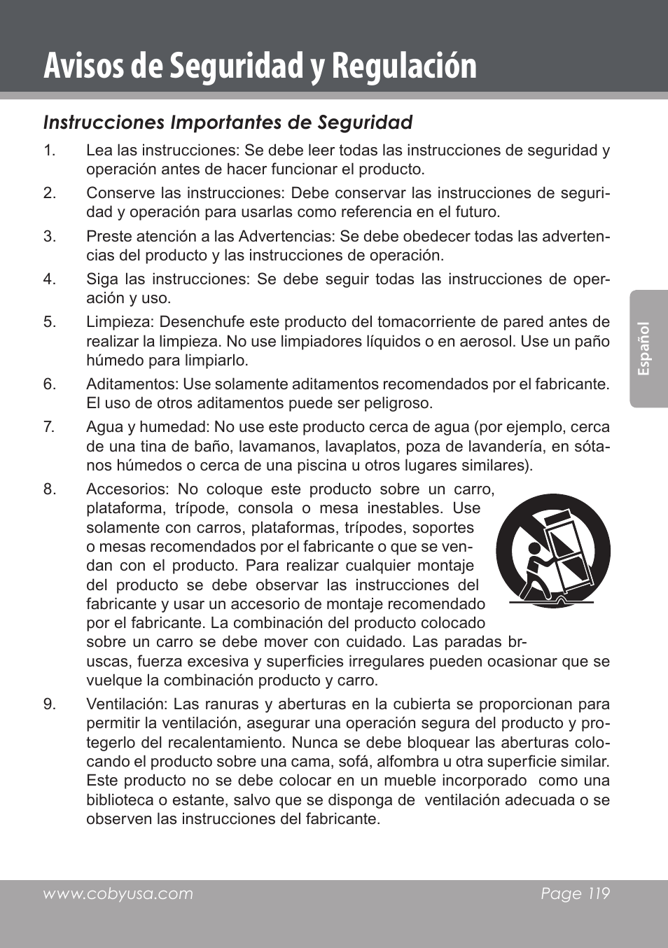 Avisos de seguridad y regulación, Instrucciones importantes de seguridad | COBY DVD978 User Manual | Page 119 / 190