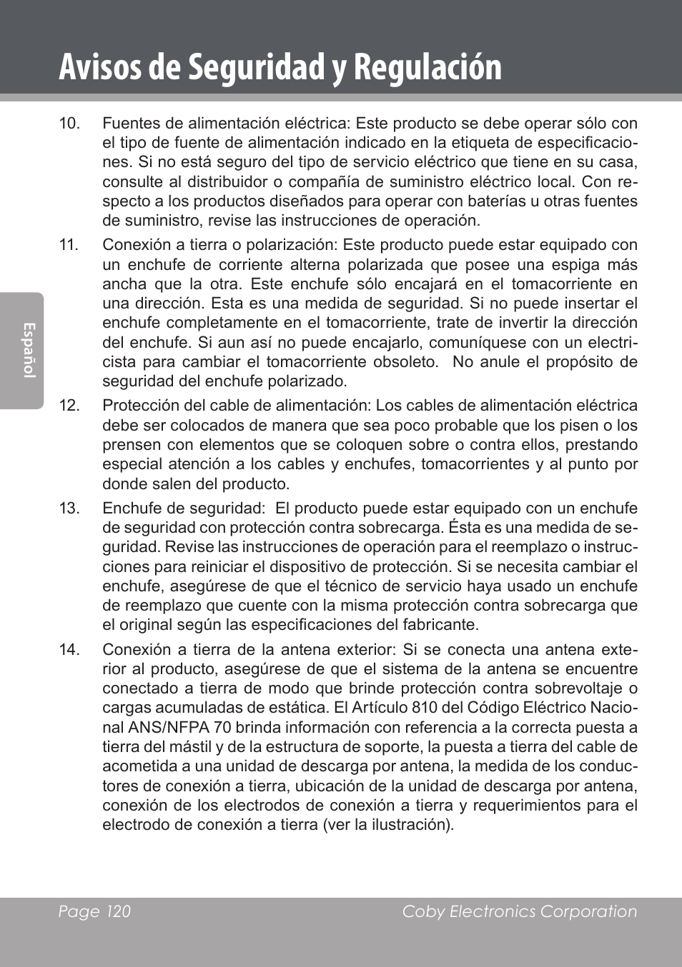 Avisos de seguridad y regulación | COBY DVD978 User Manual | Page 120 / 190