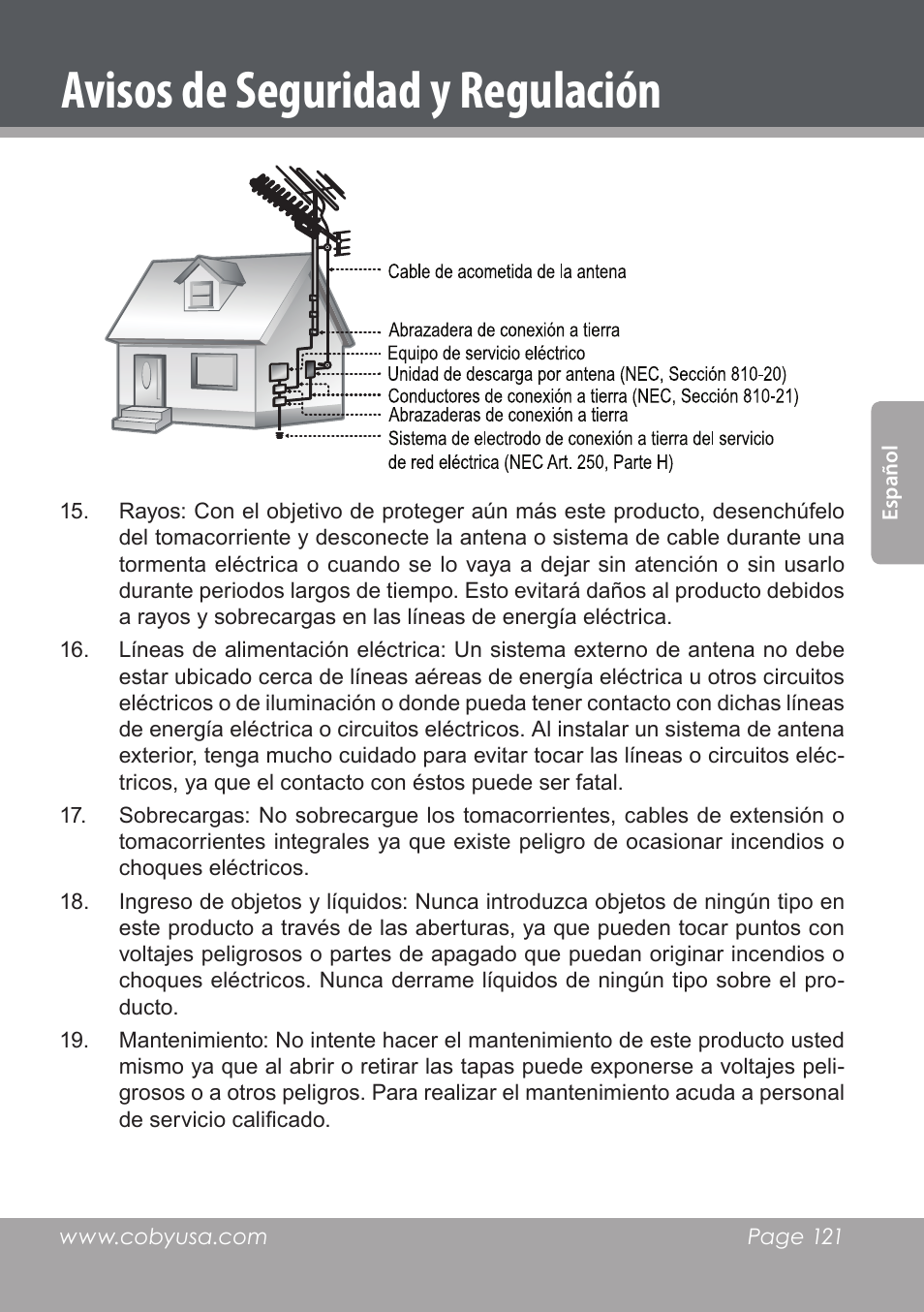 Avisos de seguridad y regulación | COBY DVD978 User Manual | Page 121 / 190