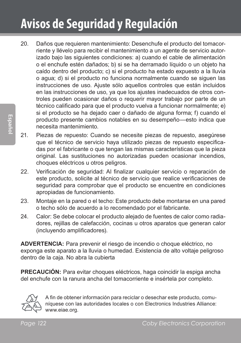 Avisos de seguridad y regulación | COBY DVD978 User Manual | Page 122 / 190