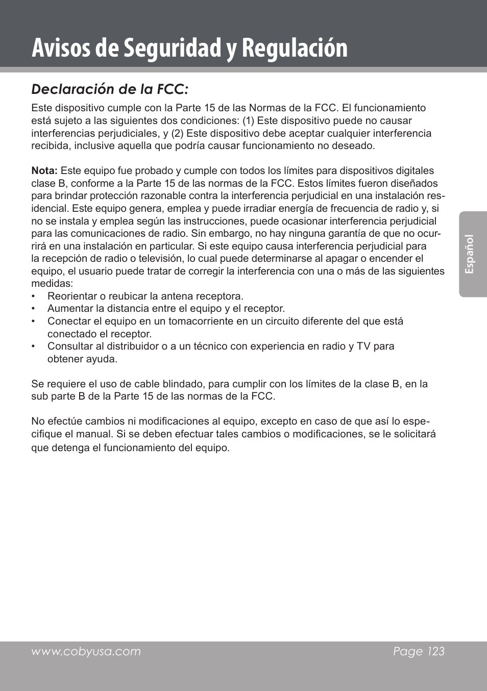 Avisos de seguridad y regulación, Declaración de la fcc | COBY DVD978 User Manual | Page 123 / 190