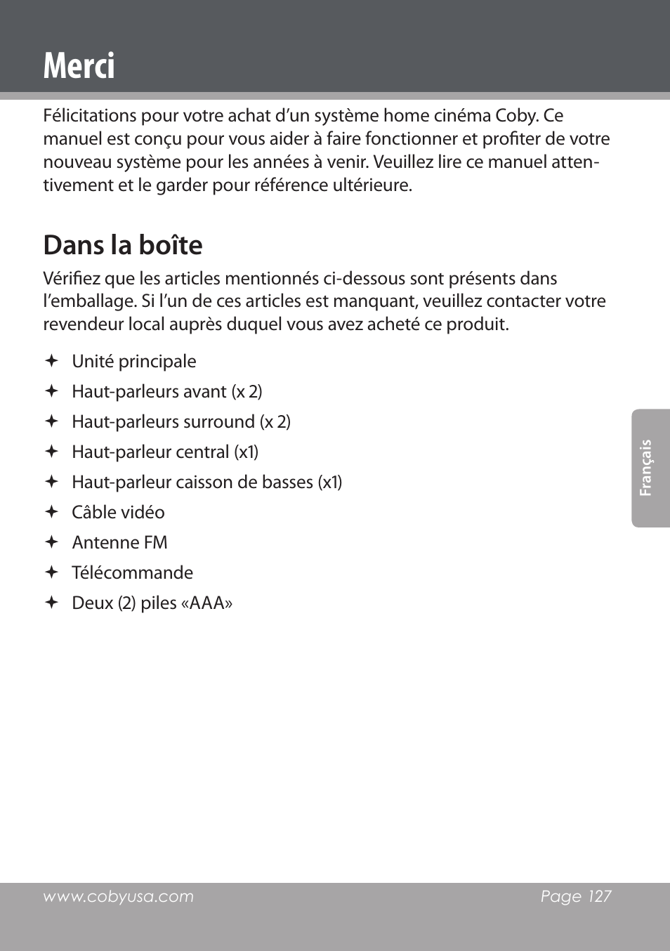 Merci, Dans la boîte | COBY DVD978 User Manual | Page 127 / 190