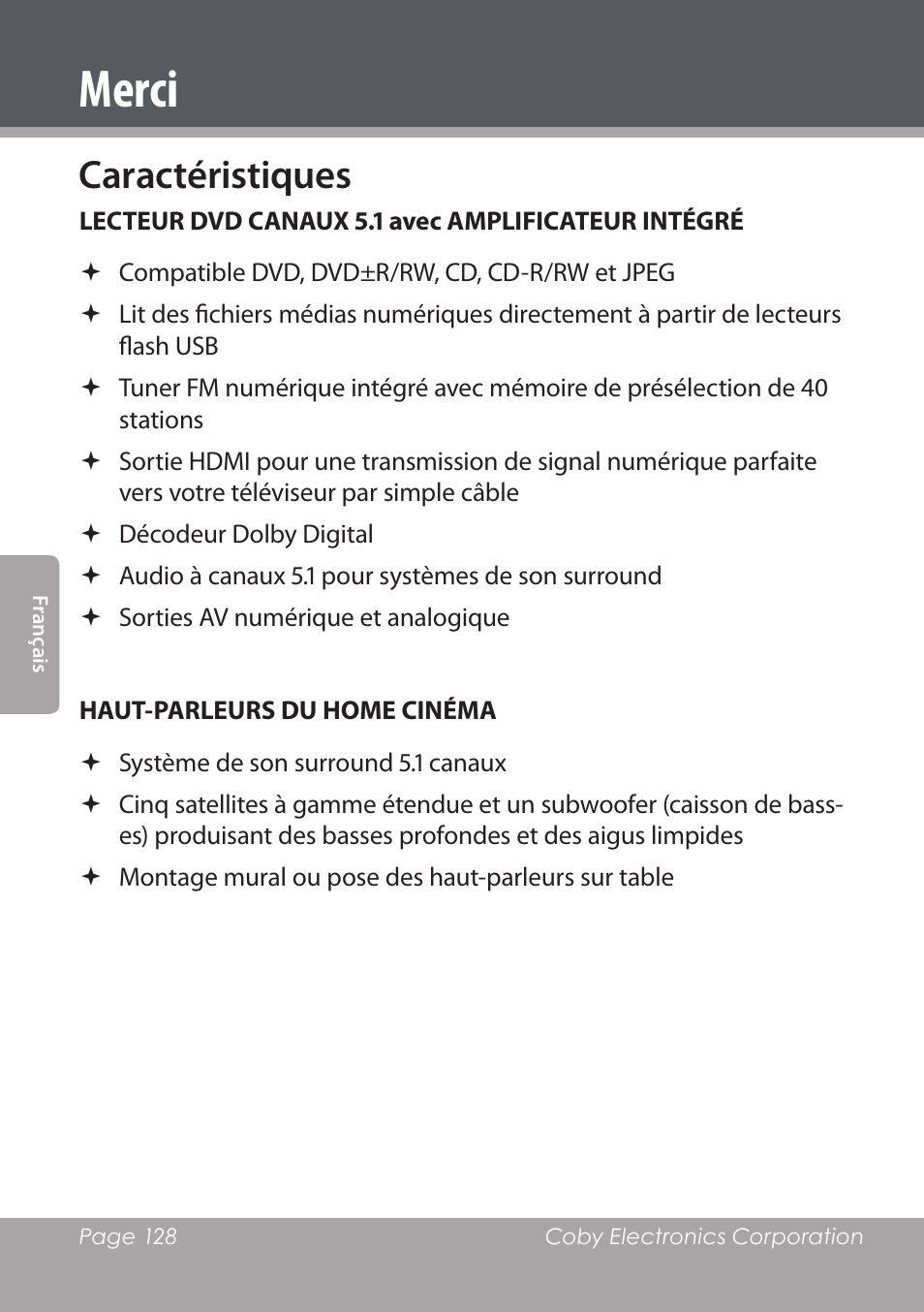 Merci, Caractéristiques | COBY DVD978 User Manual | Page 128 / 190