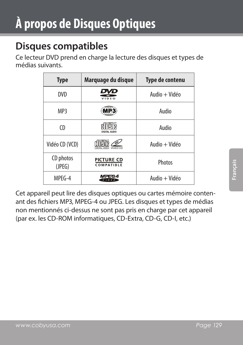 À propos de disques optiques, Disques compatibles | COBY DVD978 User Manual | Page 129 / 190