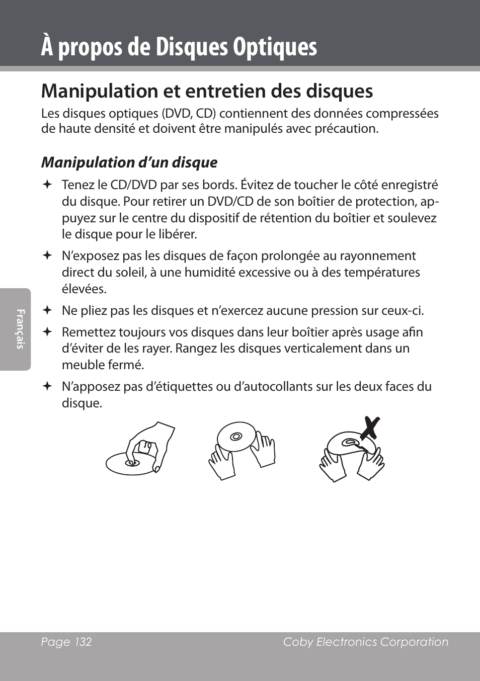 À propos de disques optiques, Manipulation et entretien des disques | COBY DVD978 User Manual | Page 132 / 190