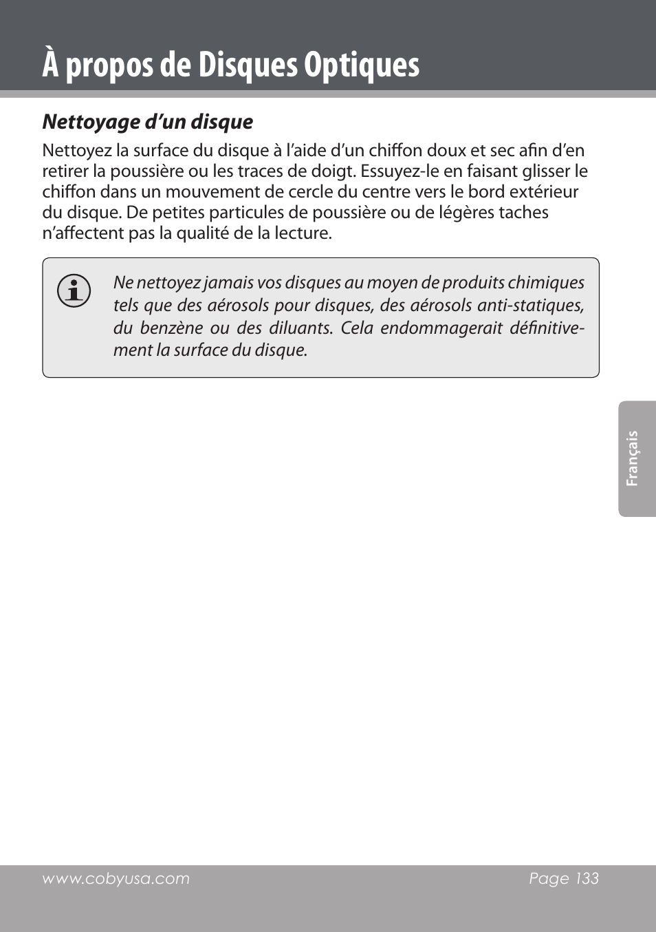 À propos de disques optiques, Nettoyage d’un disque | COBY DVD978 User Manual | Page 133 / 190