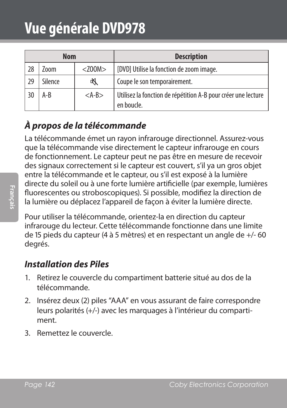 Vue générale dvd978, À propos de la télécommande, Installation des piles | COBY DVD978 User Manual | Page 142 / 190