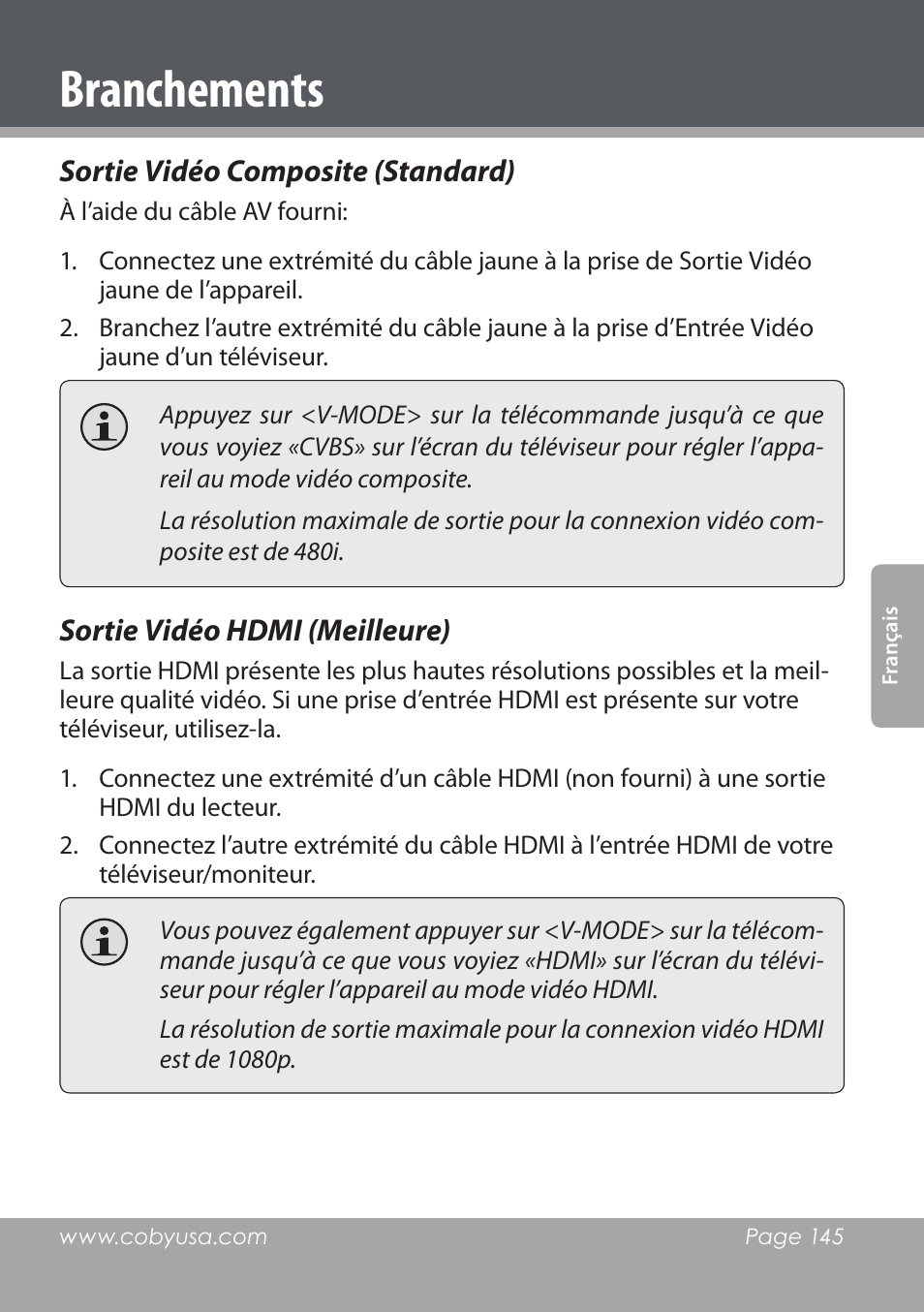 Branchements, Sortie vidéo composite (standard), Sortie vidéo hdmi (meilleure) | COBY DVD978 User Manual | Page 145 / 190