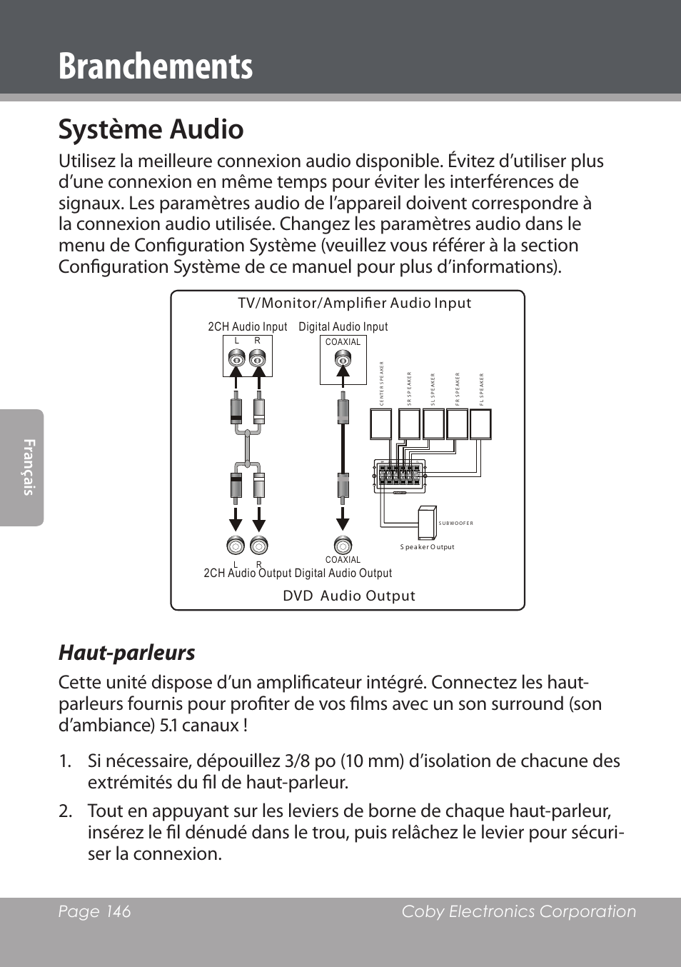 Branchements, Système audio, Haut-parleurs | Page 146 coby electronics corporation fran çai s, Tv/monitor/amplifier audio input dvd audio output | COBY DVD978 User Manual | Page 146 / 190