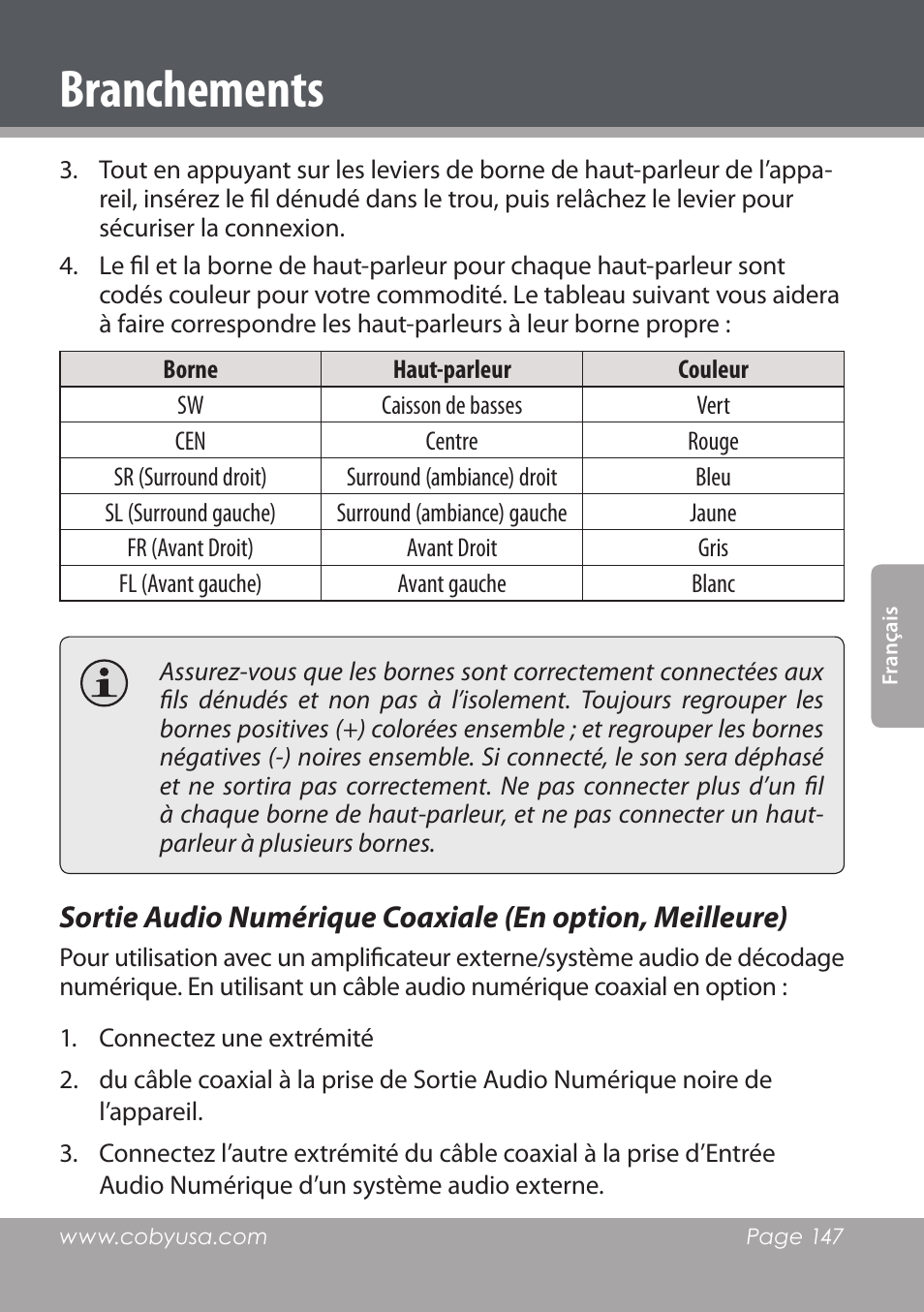 Branchements | COBY DVD978 User Manual | Page 147 / 190