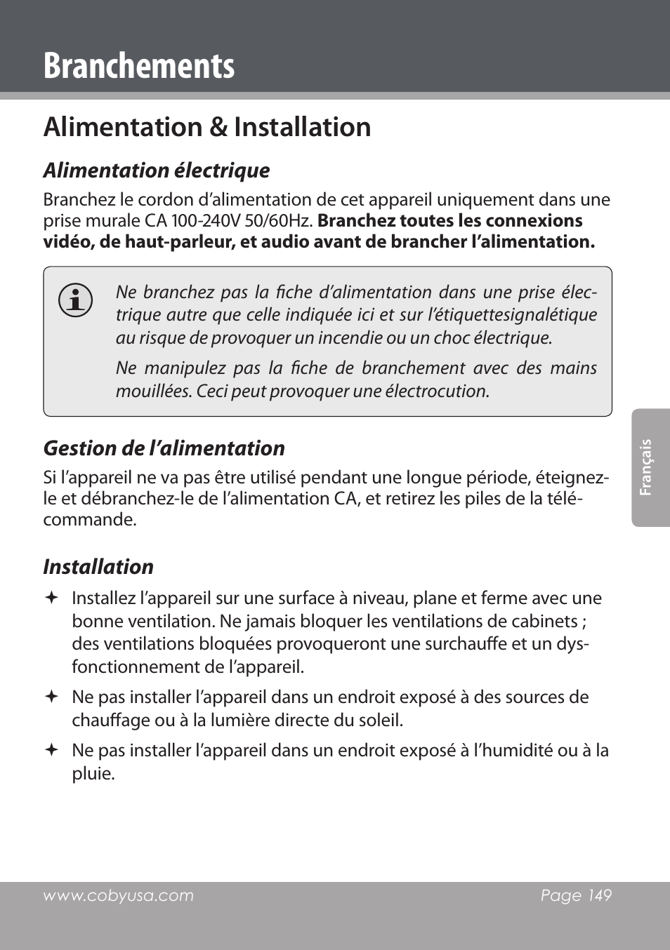 Branchements, Alimentation & installation | COBY DVD978 User Manual | Page 149 / 190