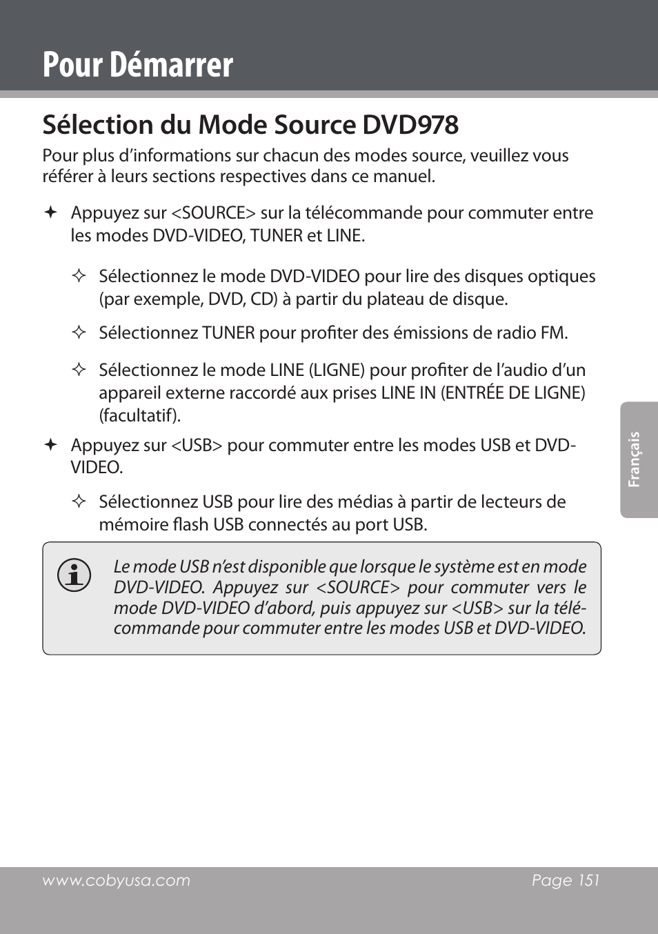 Pour démarrer, Sélection du mode source dvd978 | COBY DVD978 User Manual | Page 151 / 190