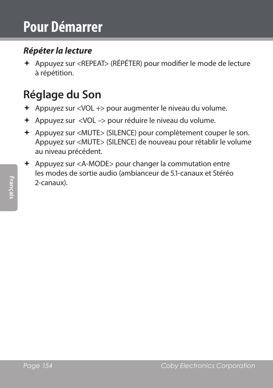 Pour démarrer, Réglage du son | COBY DVD978 User Manual | Page 154 / 190