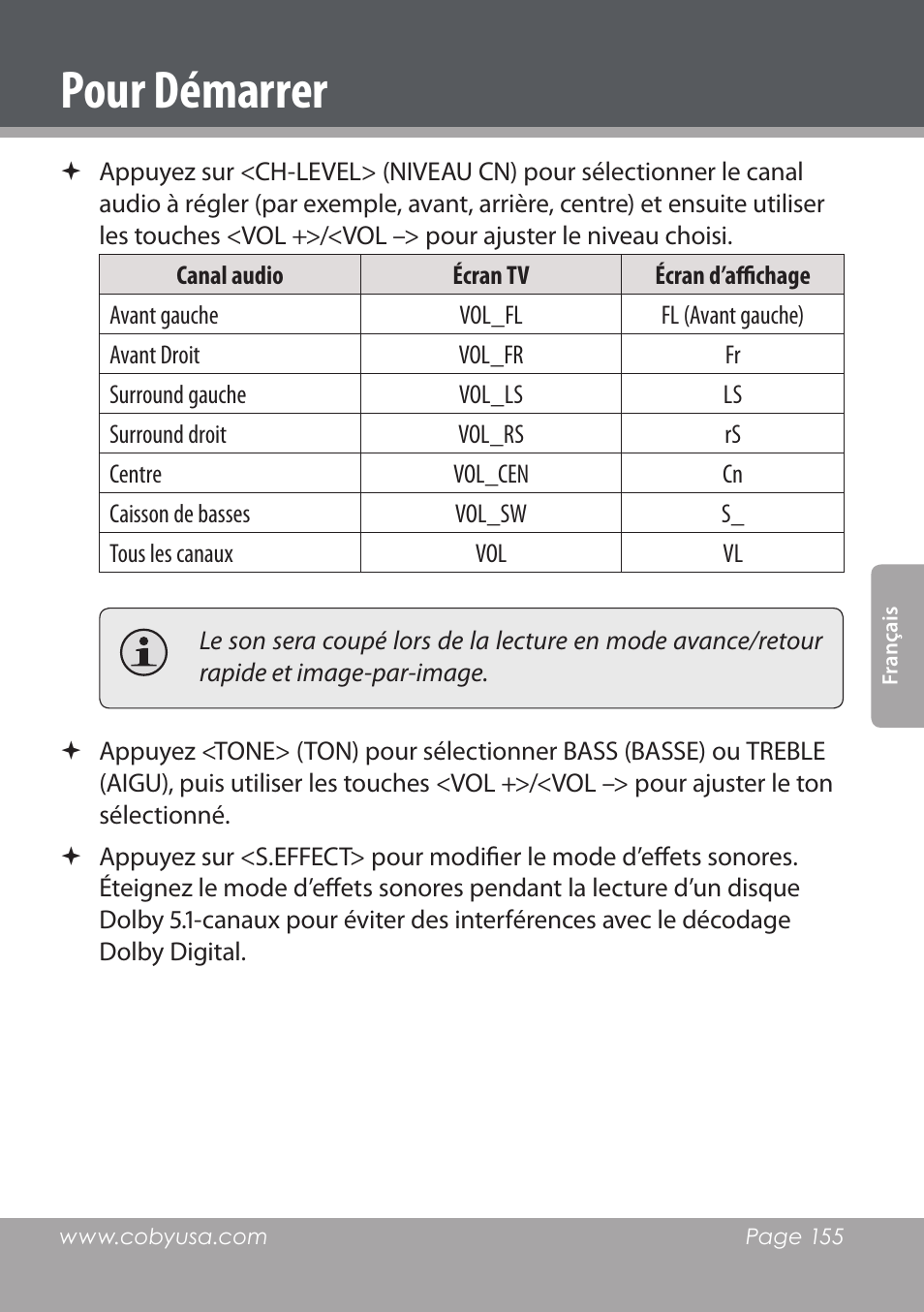 Pour démarrer | COBY DVD978 User Manual | Page 155 / 190