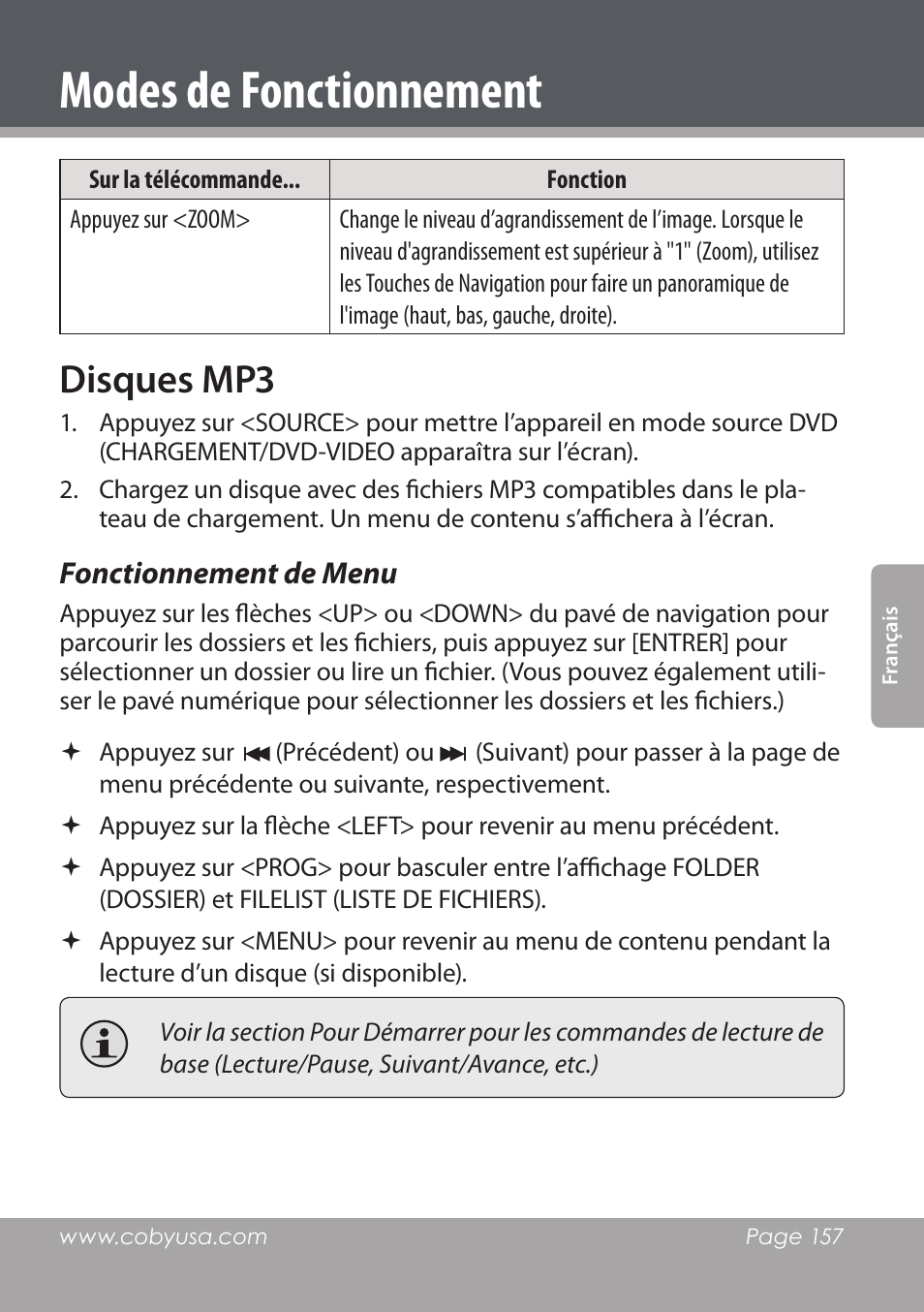 Modes de fonctionnement, Disques mp3, Fonctionnement de menu | COBY DVD978 User Manual | Page 157 / 190