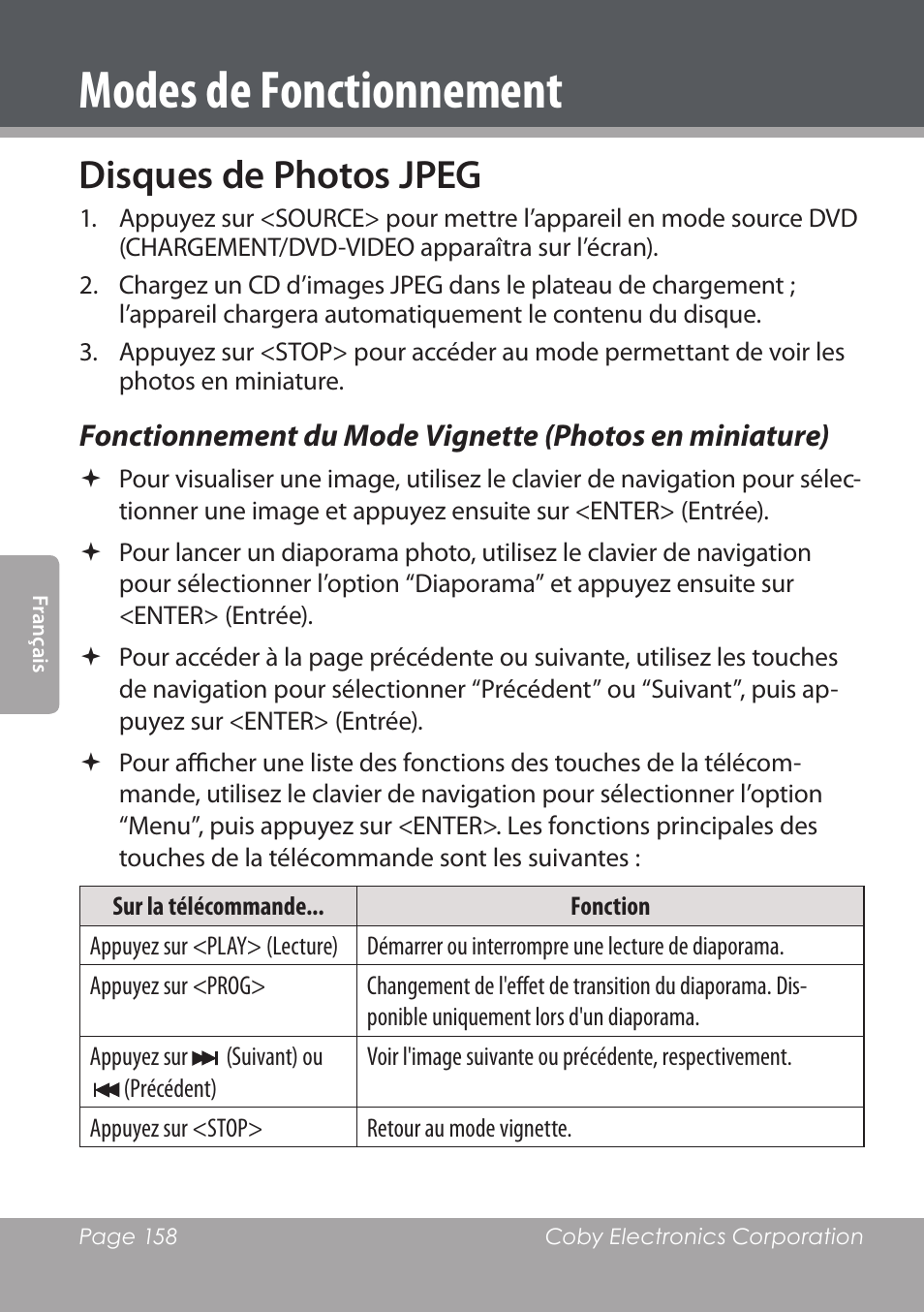 Modes de fonctionnement, Disques de photos jpeg | COBY DVD978 User Manual | Page 158 / 190