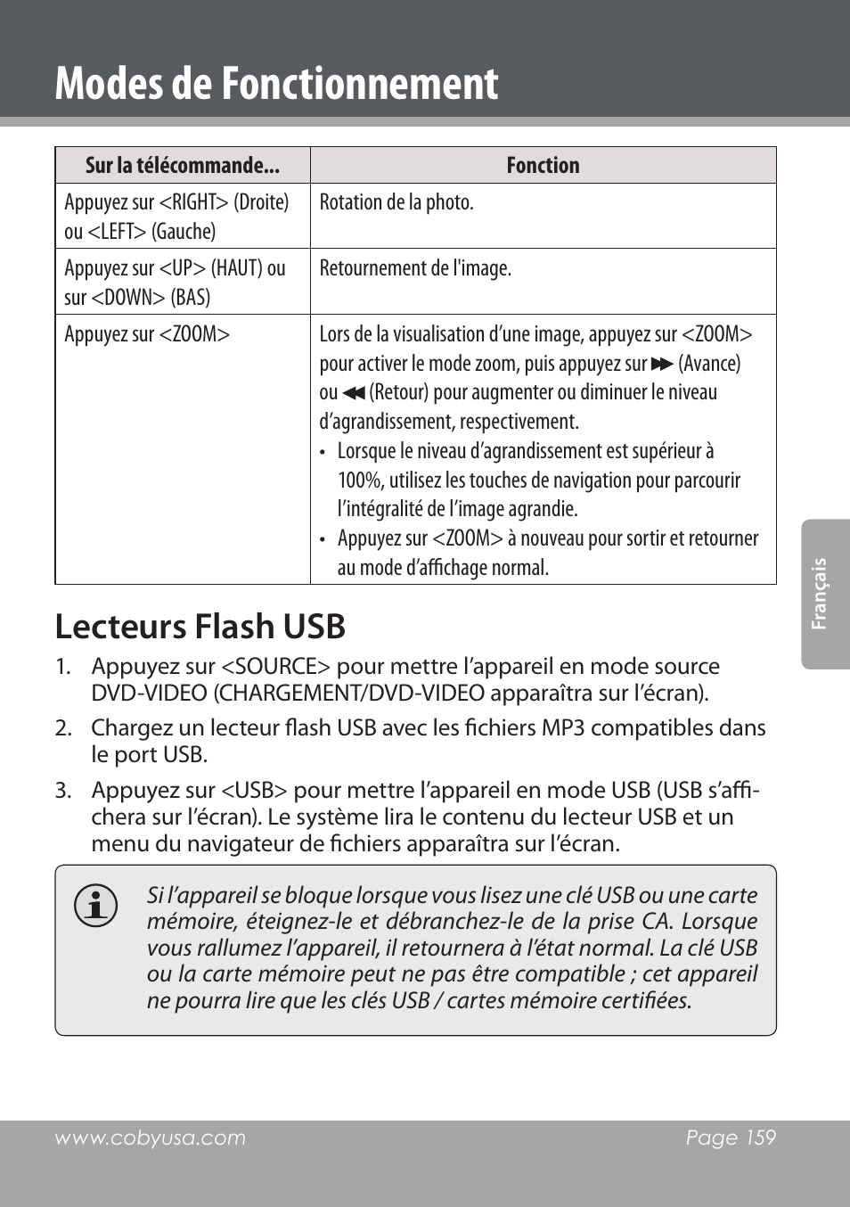 Modes de fonctionnement, Lecteurs flash usb | COBY DVD978 User Manual | Page 159 / 190