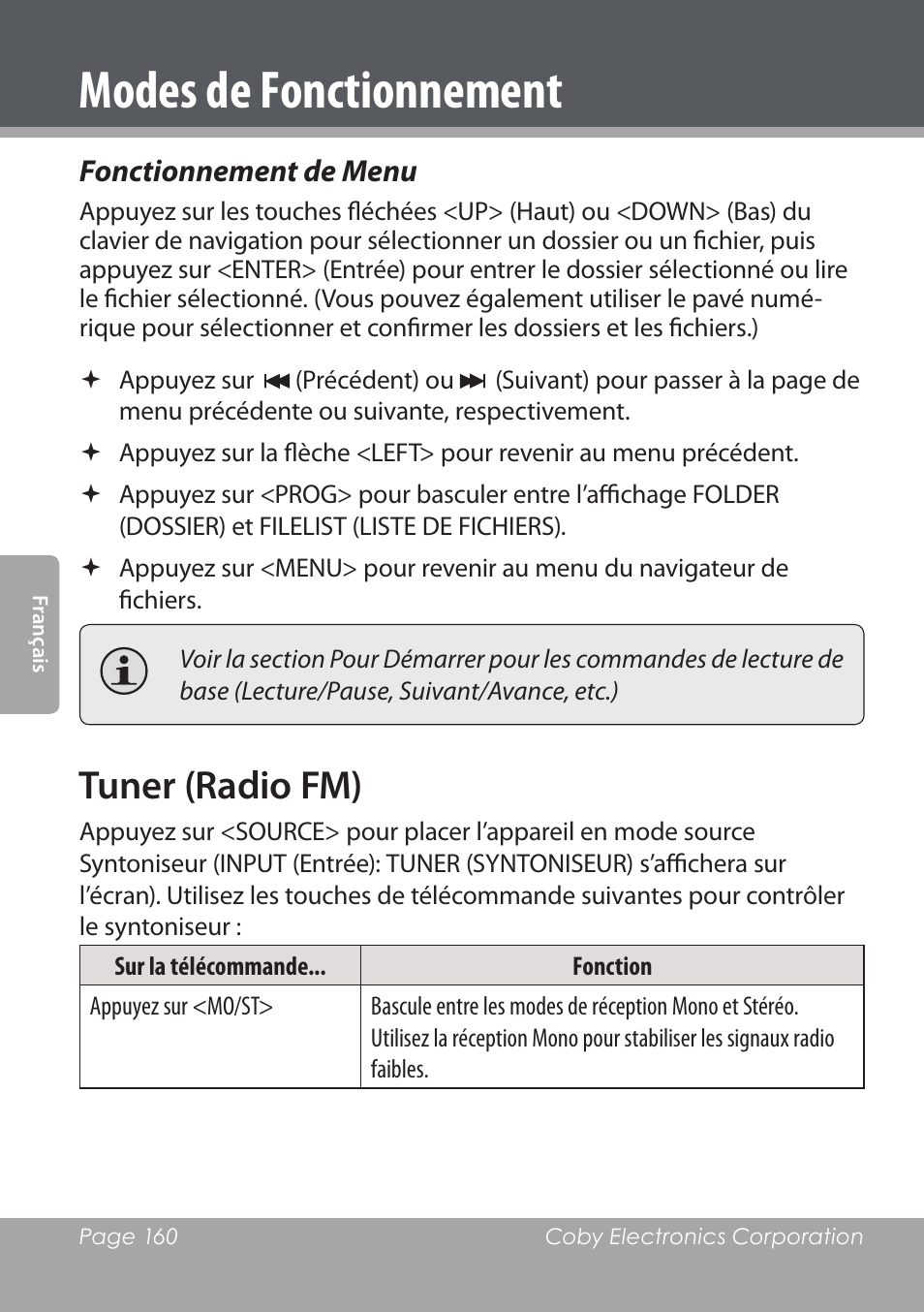 Modes de fonctionnement, Tuner (radio fm) | COBY DVD978 User Manual | Page 160 / 190