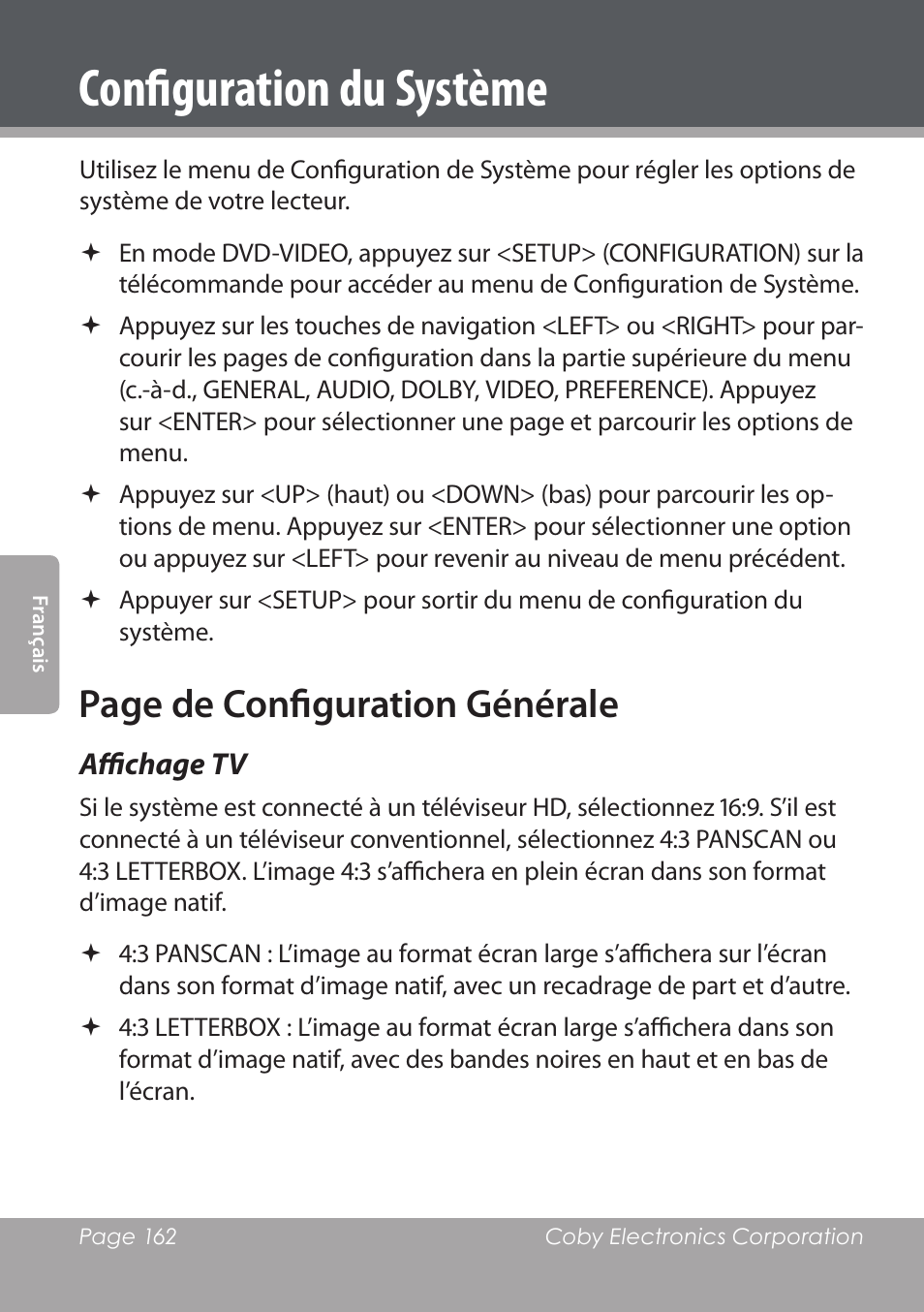 Configuration du système, Page de configuration générale | COBY DVD978 User Manual | Page 162 / 190