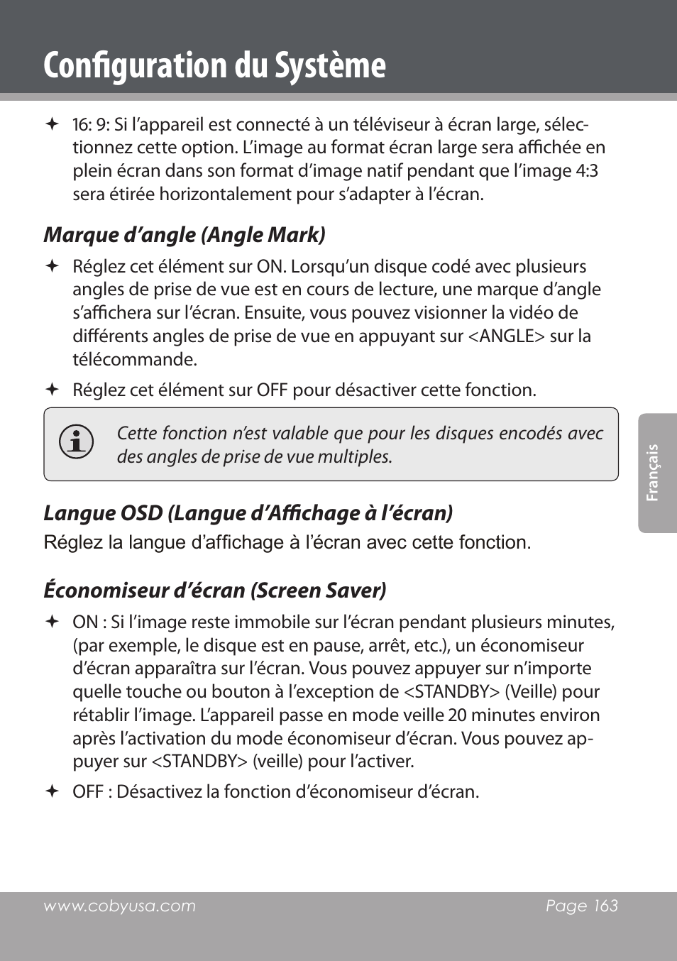 Configuration du système, Marque d’angle (angle mark), Langue osd (langue d’affichage à l’écran) | Économiseur d’écran (screen saver) | COBY DVD978 User Manual | Page 163 / 190