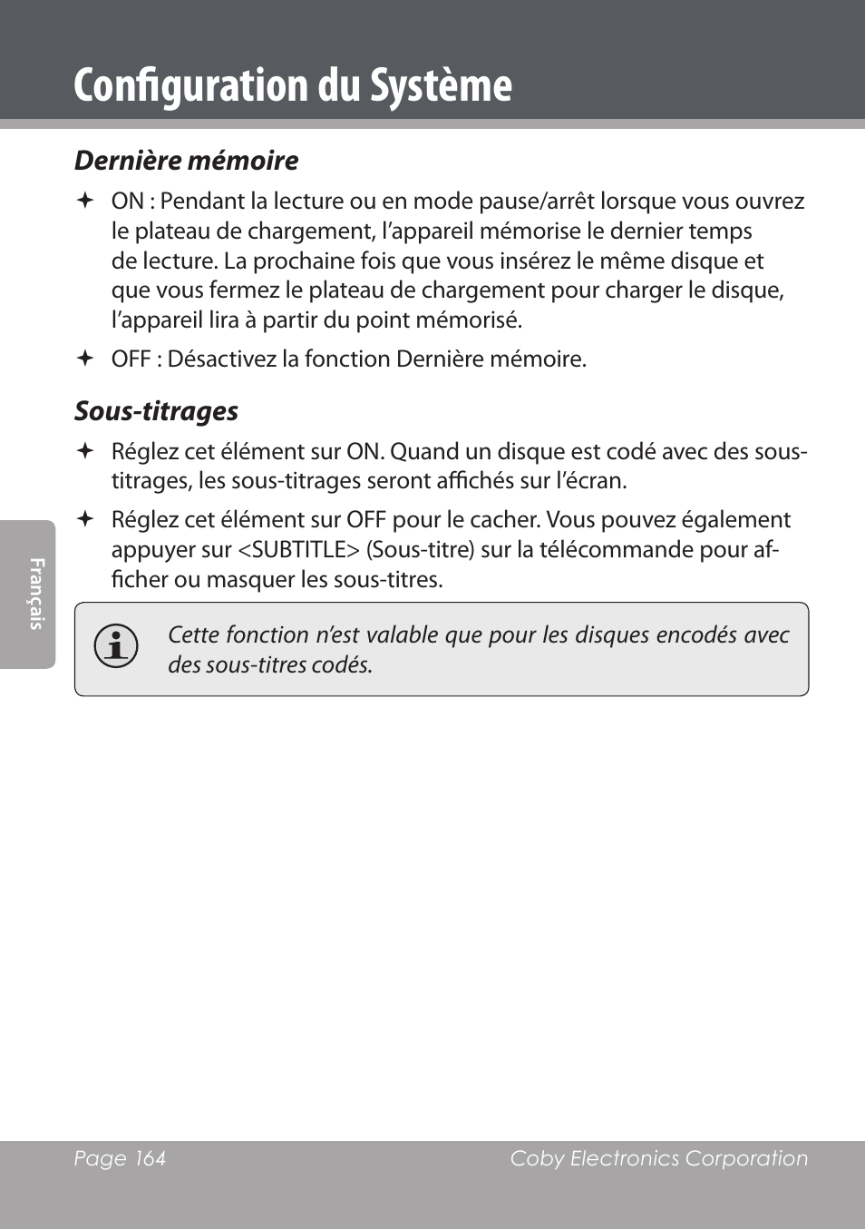 Configuration du système, Dernière mémoire, Sous-titrages | COBY DVD978 User Manual | Page 164 / 190