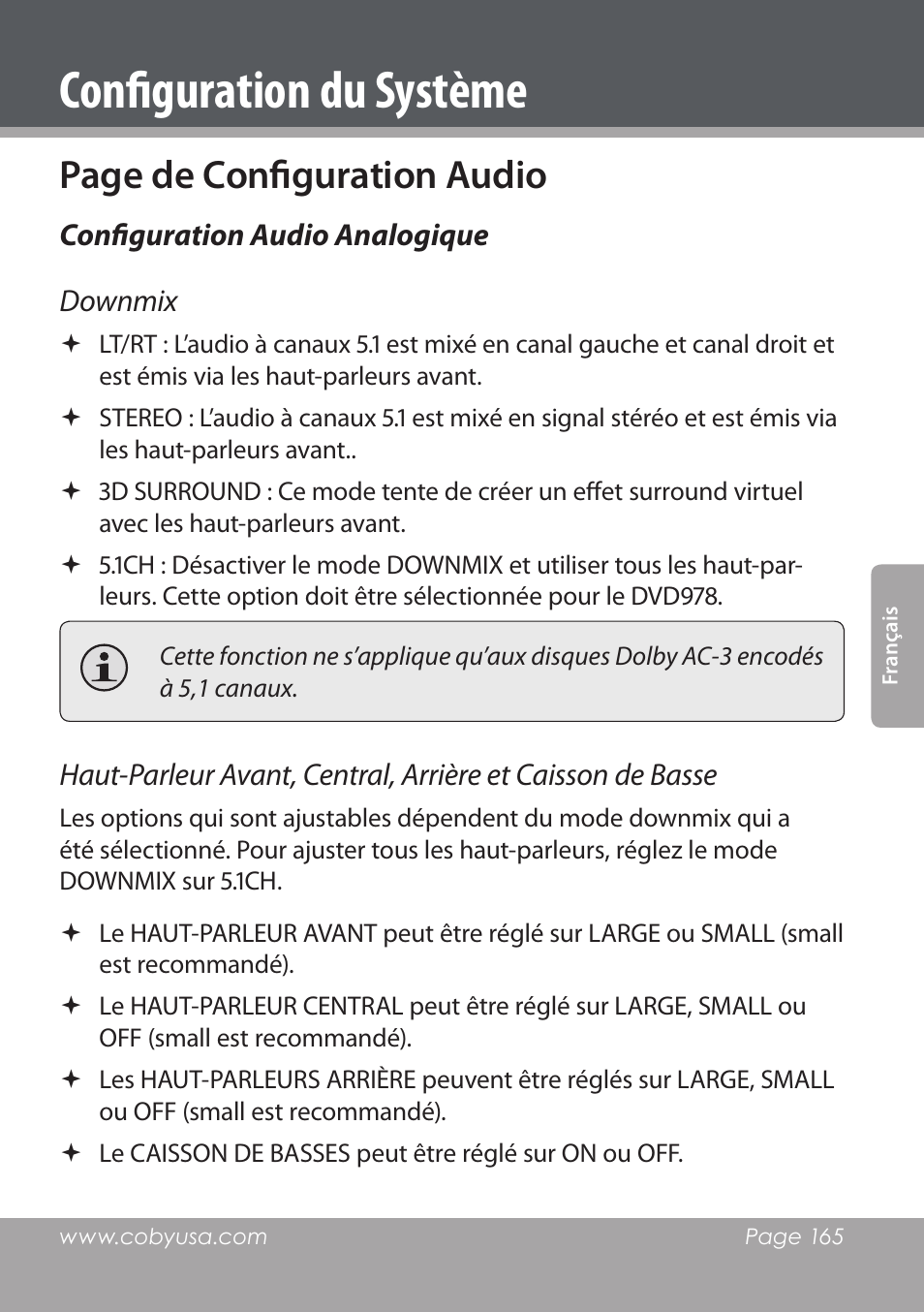 Configuration du système, Page de configuration audio | COBY DVD978 User Manual | Page 165 / 190