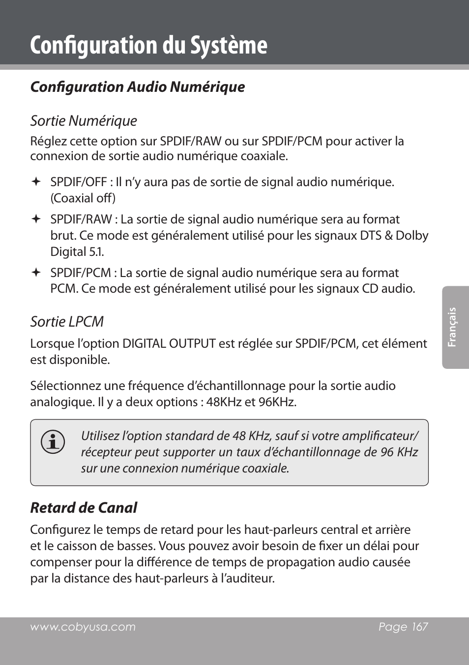 Configuration du système, Configuration audio numérique sortie numérique, Sortie lpcm | Retard de canal | COBY DVD978 User Manual | Page 167 / 190