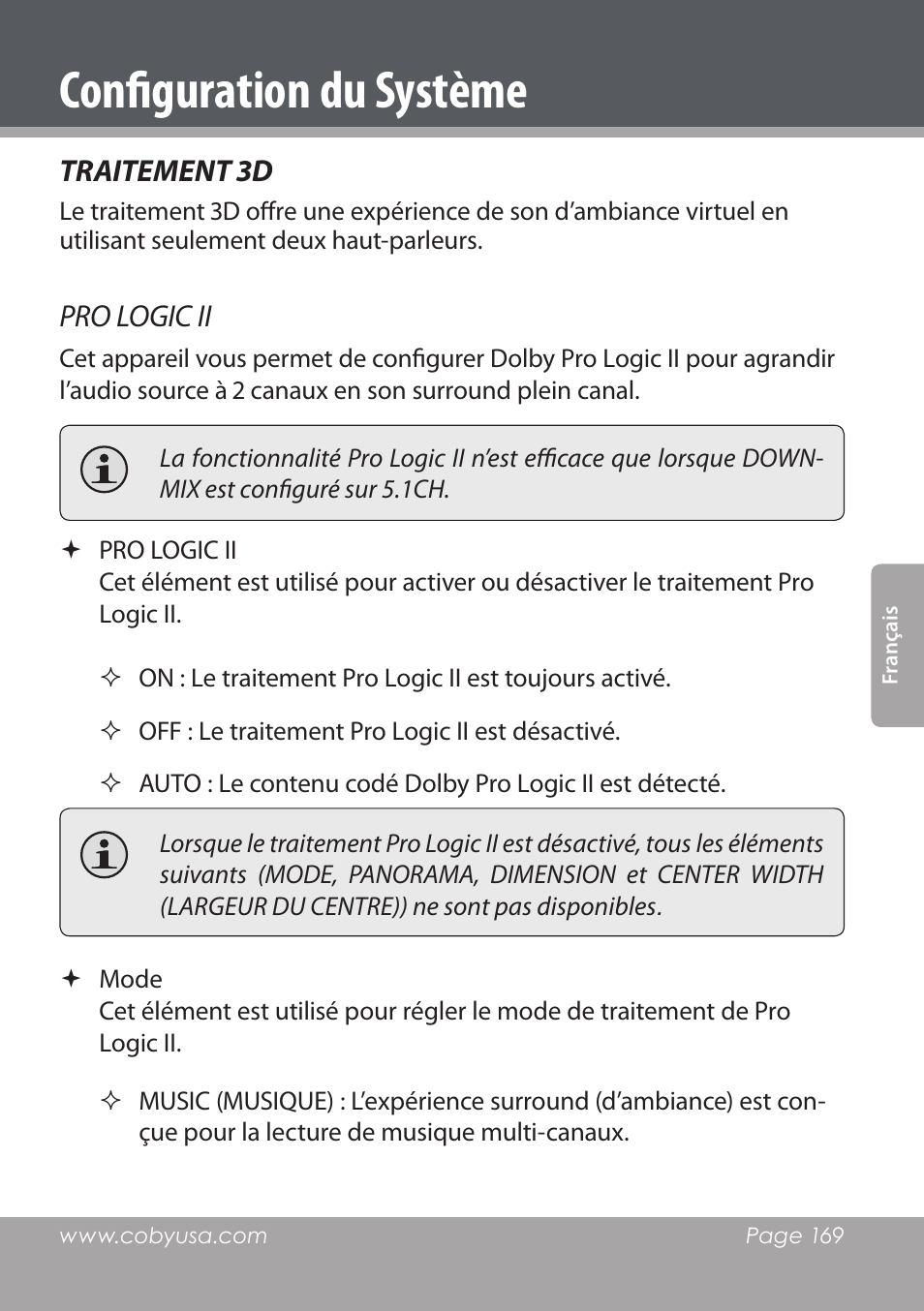 Configuration du système, Traitement 3d, Pro logic ii | COBY DVD978 User Manual | Page 169 / 190