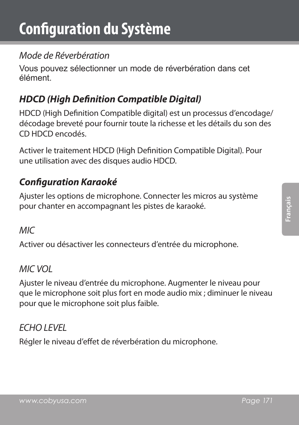 Configuration du système | COBY DVD978 User Manual | Page 171 / 190