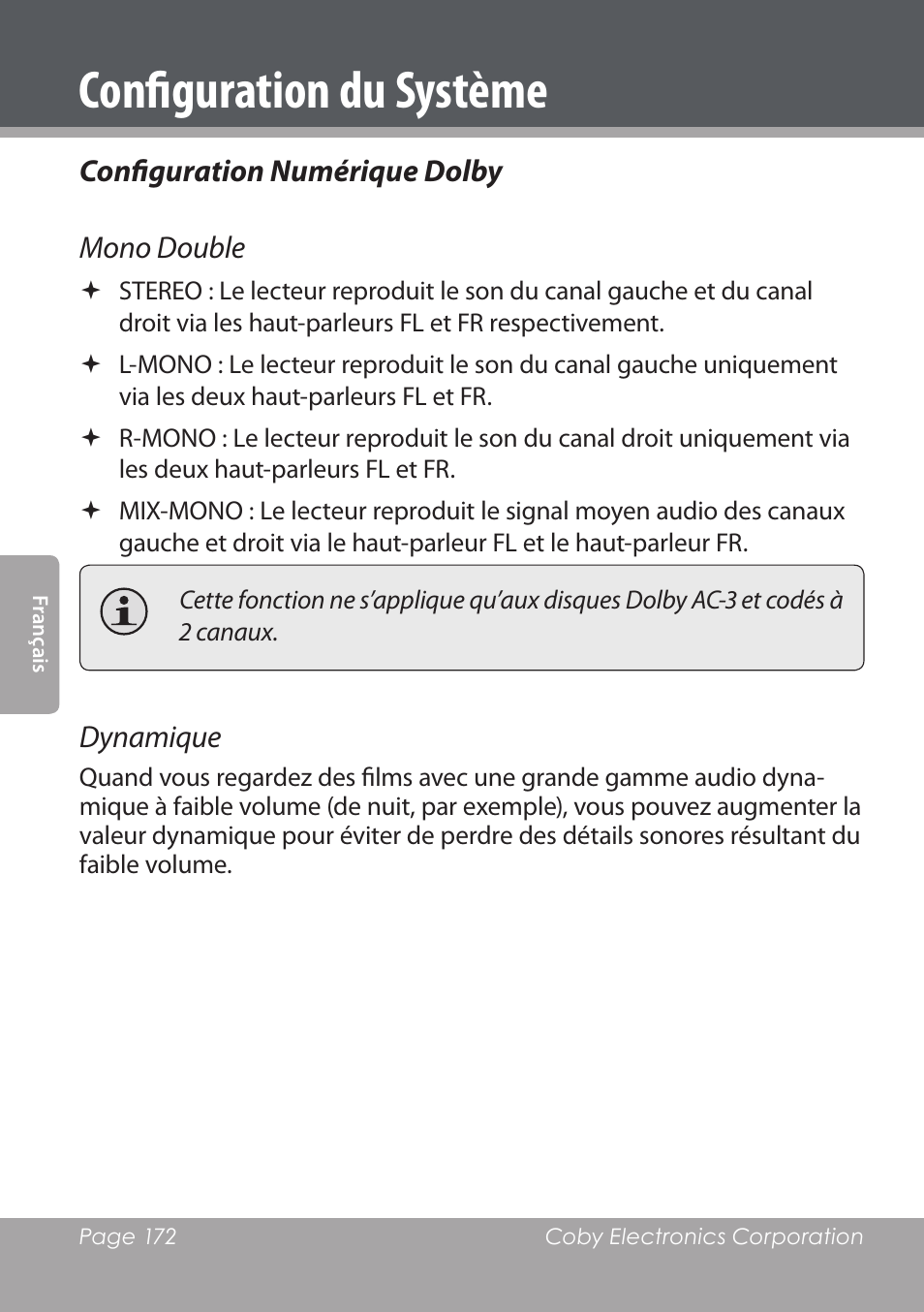 Configuration du système | COBY DVD978 User Manual | Page 172 / 190