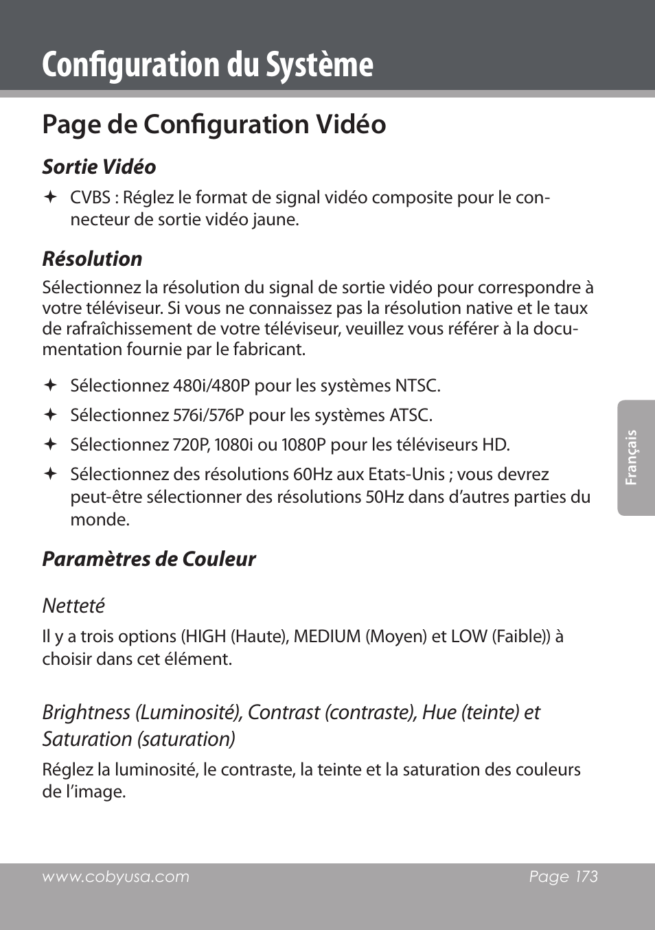 Configuration du système, Page de configuration vidéo | COBY DVD978 User Manual | Page 173 / 190