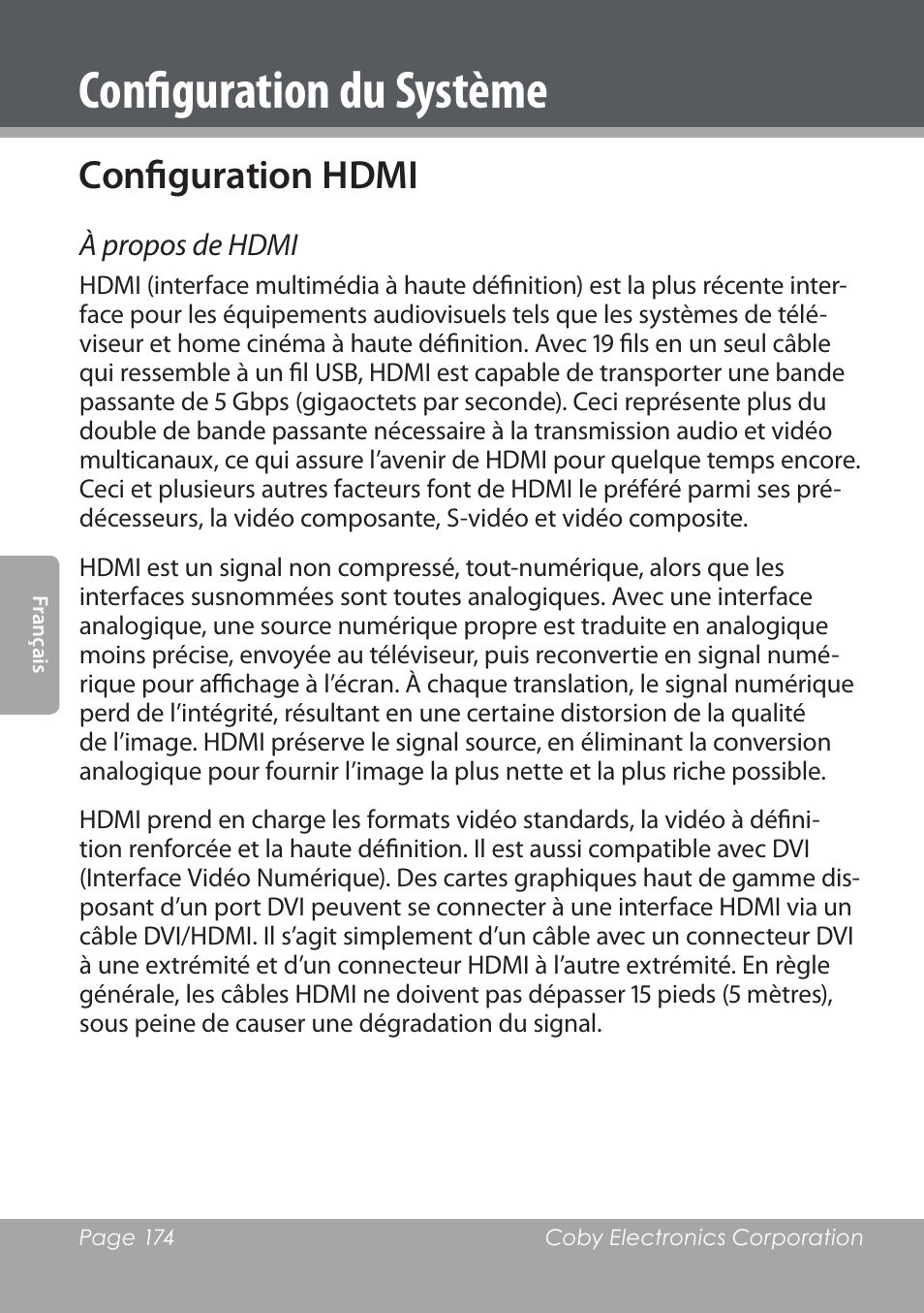 Configuration du système, Configuration hdmi | COBY DVD978 User Manual | Page 174 / 190