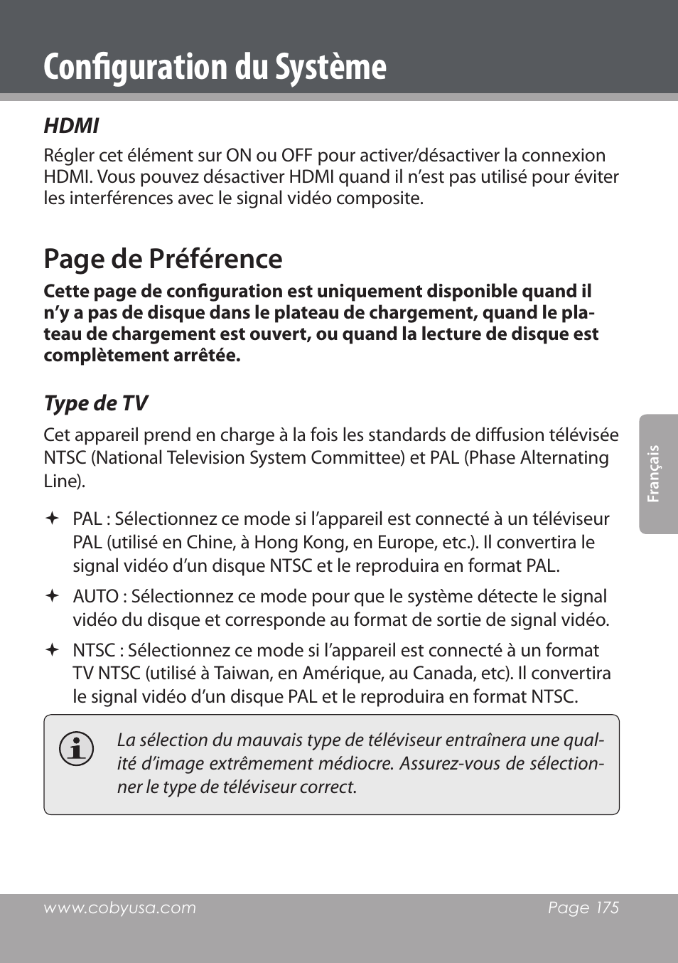 Configuration du système, Page de préférence | COBY DVD978 User Manual | Page 175 / 190